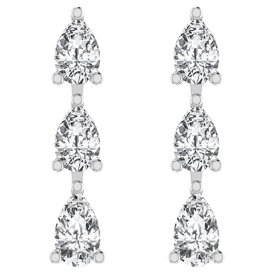 Three Pear Shape Diamond Drop Dangle Earring in 18 Karat White Gold