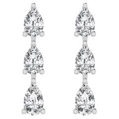 Three Pear Shape Diamond Drop Dangle Earring in 18 Karat White Gold