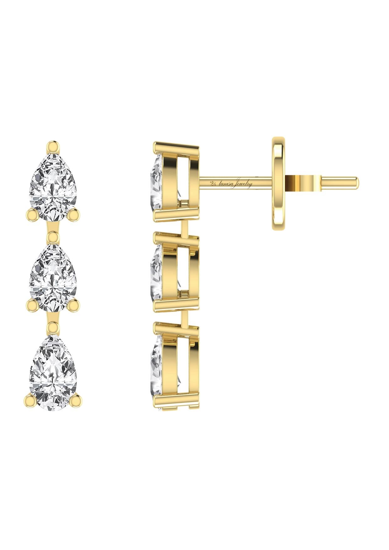 Modern Three Pear Shape Diamond Drop Dangle Earring in 18 Karat Yellow Gold. For Sale