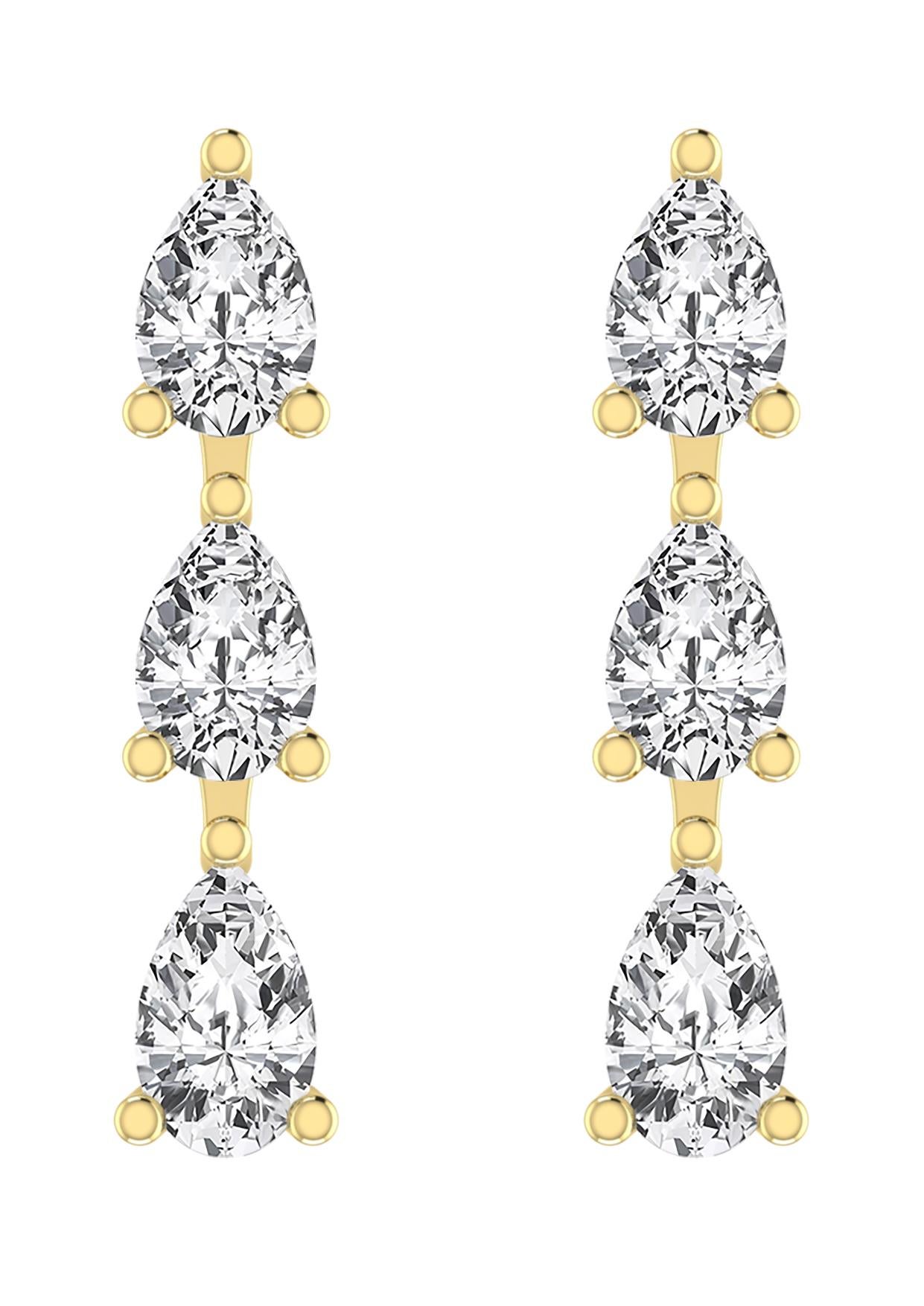 Pear Cut Three Pear Shape Diamond Drop Dangle Earring in 18 Karat Yellow Gold. For Sale