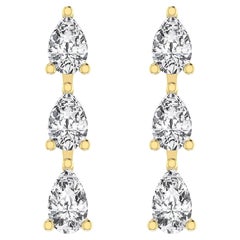 Three Pear Shape Diamond Drop Dangle Earring in 18 Karat Yellow Gold.