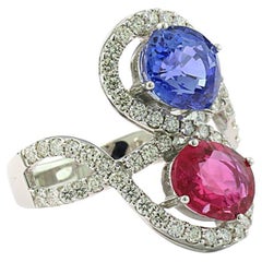 Twin Ring ruby and sapphire fine gem quality diamonds White gold 18 Karat