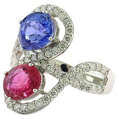 Twin Ring ruby and sapphire fine gem quality diamonds White gold 18 Karat