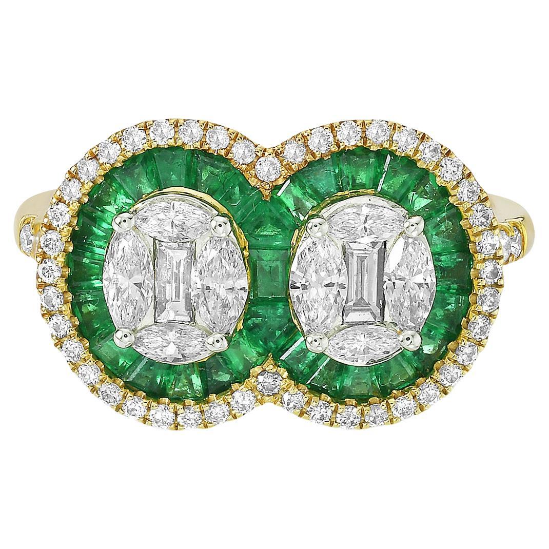 Twin Ring With Emerald & Diamonds Made In 18k Gold