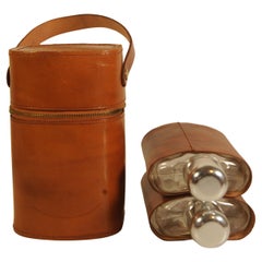 Twin Set of Hunting Flasks With A Fitted Tan Leather Canteen & Carry Handle