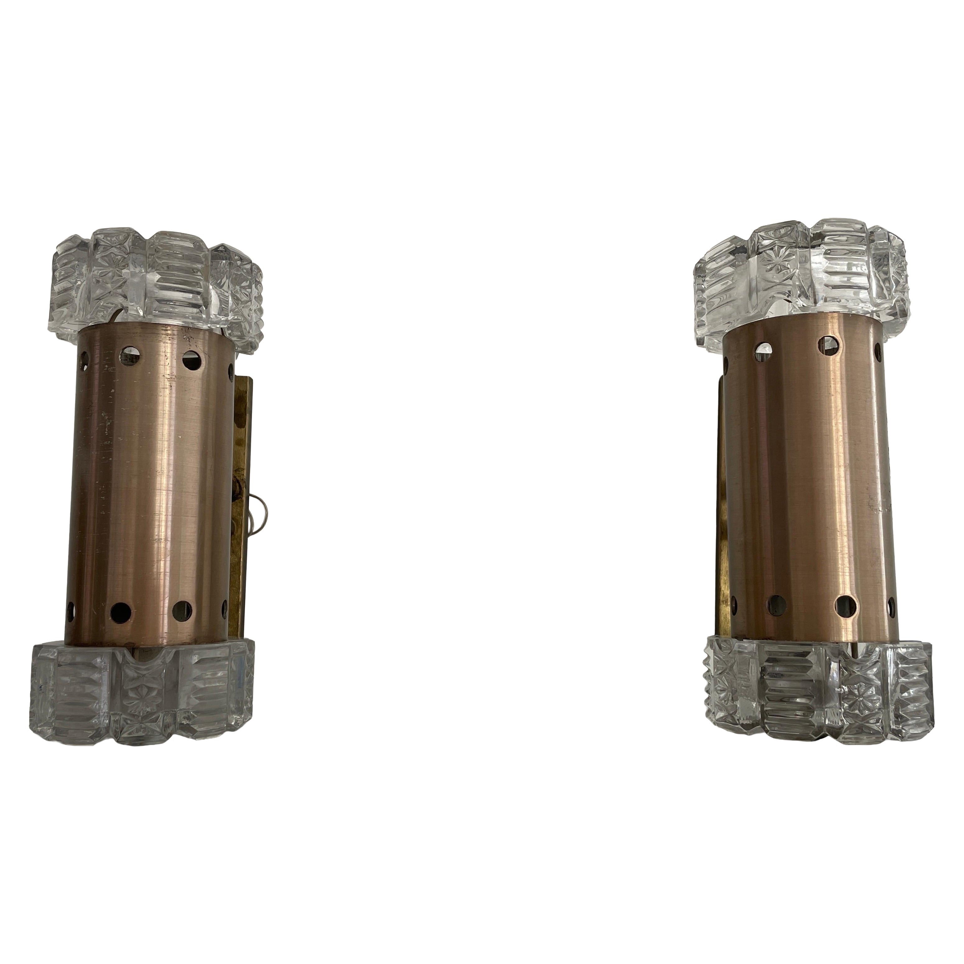 Twin-shade Crystal Glass Pair of Sconces by Stilux Milano, 1960s, Italy