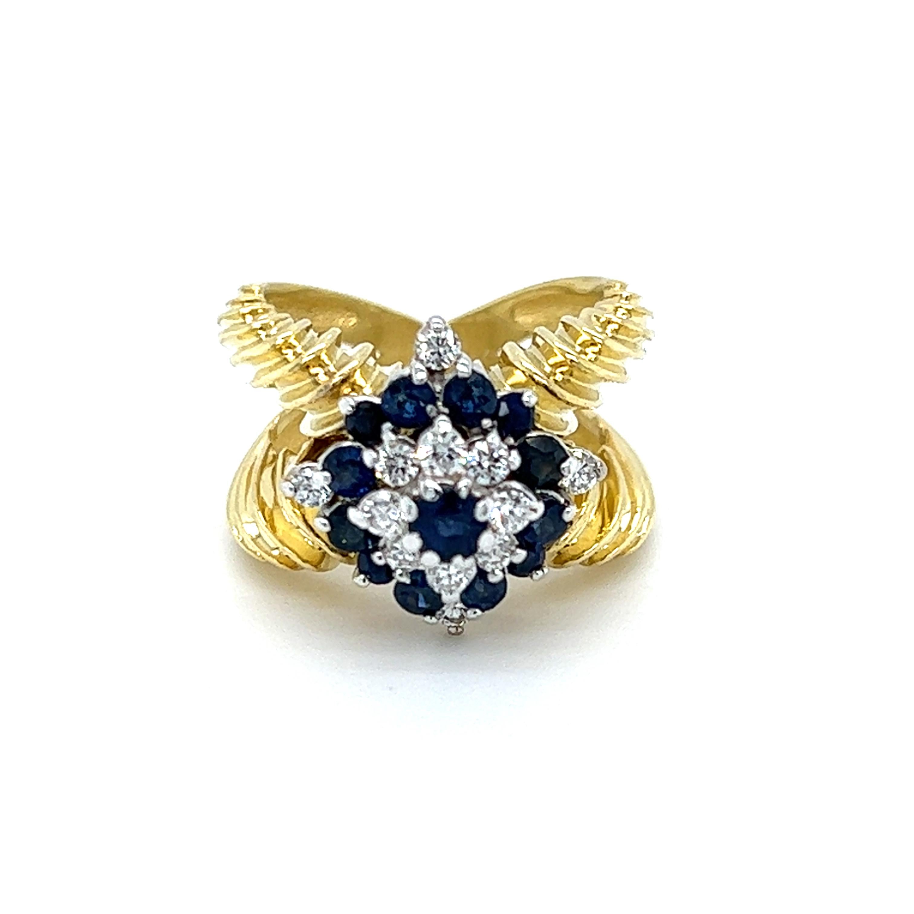 Brilliant Cut Twin Shank Sapphire and Diamond Ring in 18K Yellow Gold  For Sale