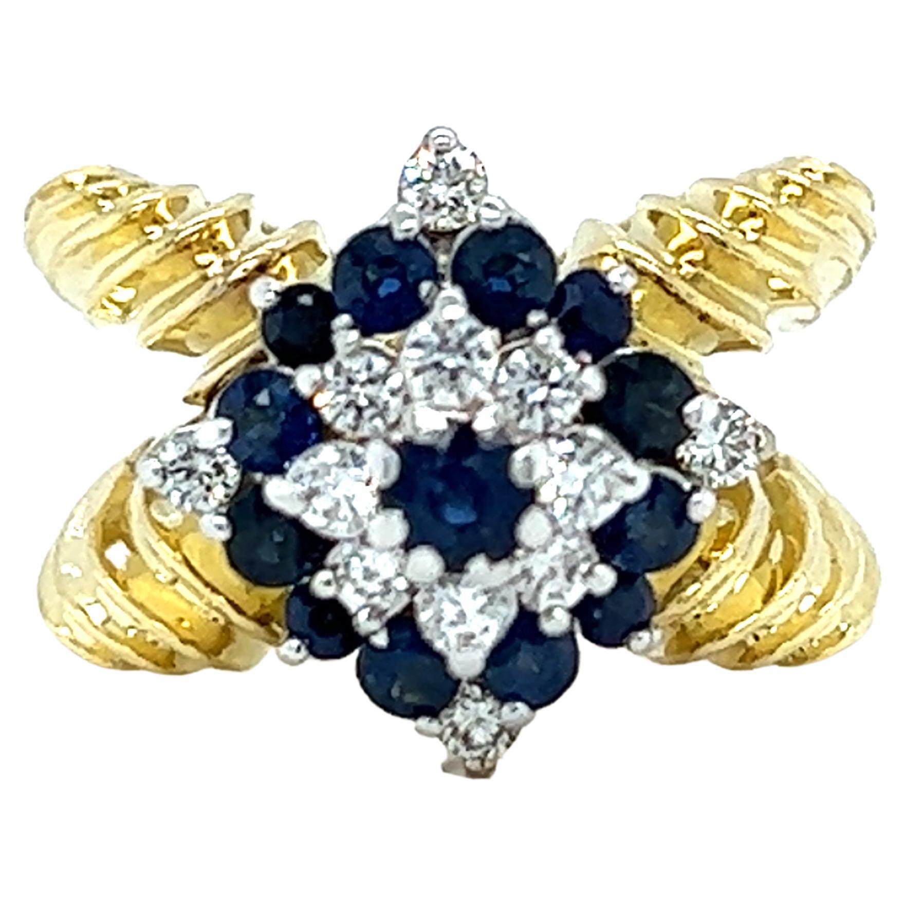 Twin Shank Sapphire and Diamond Ring in 18K Yellow Gold  For Sale