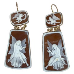 Twin Shell Cameo Fairy Design Earrings in 14K Yellow Gold