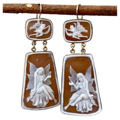 Twin Shell Cameo Fairy Design Earrings in 14K Yellow Gold