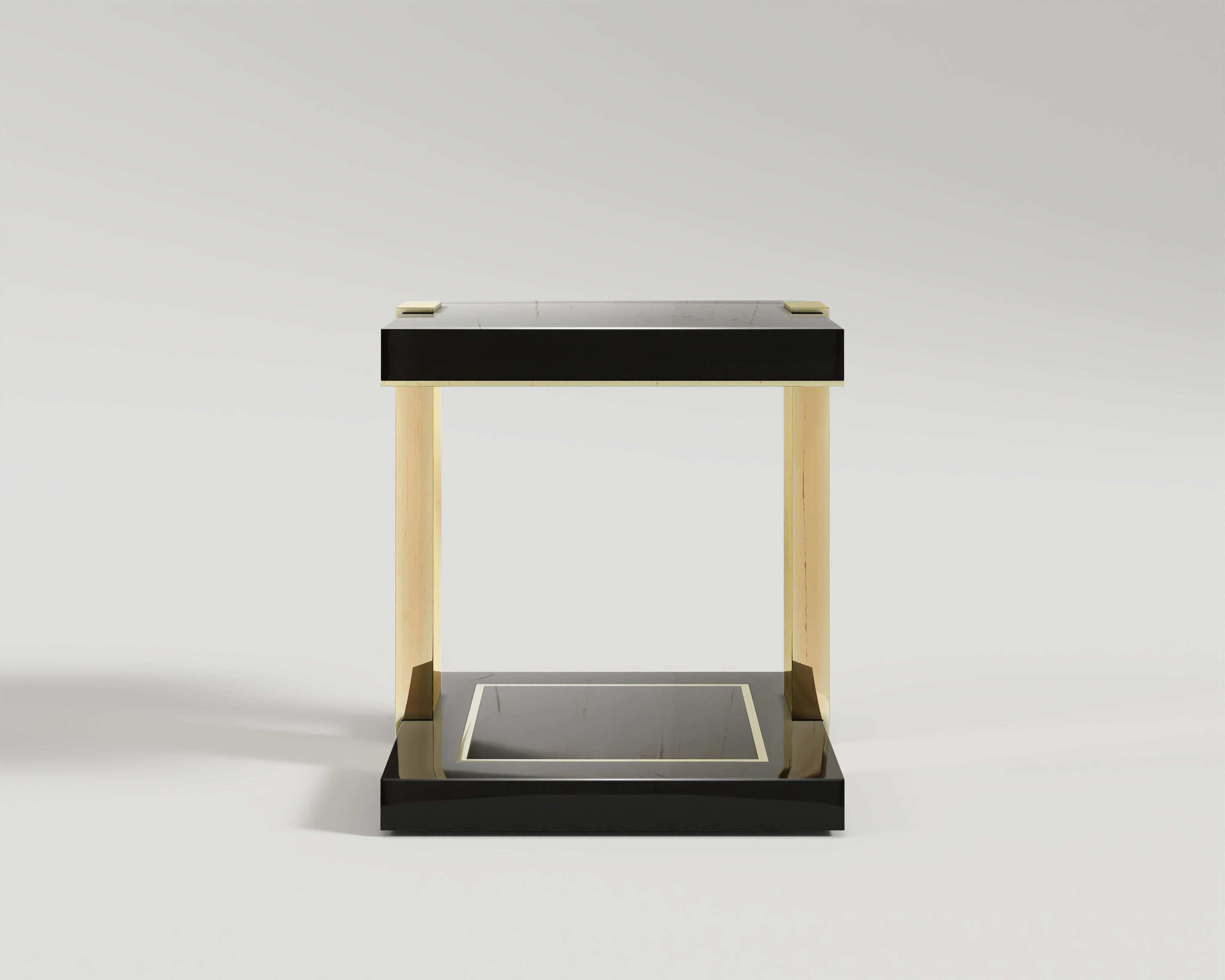 Twin Side Table
Two sections of a high gloss lacquer and polished bronze. The color contrasts result in harmonious synergy.

Materials and sizes are customizable upon the customer's personal request.

Designed by Palena Furniture.