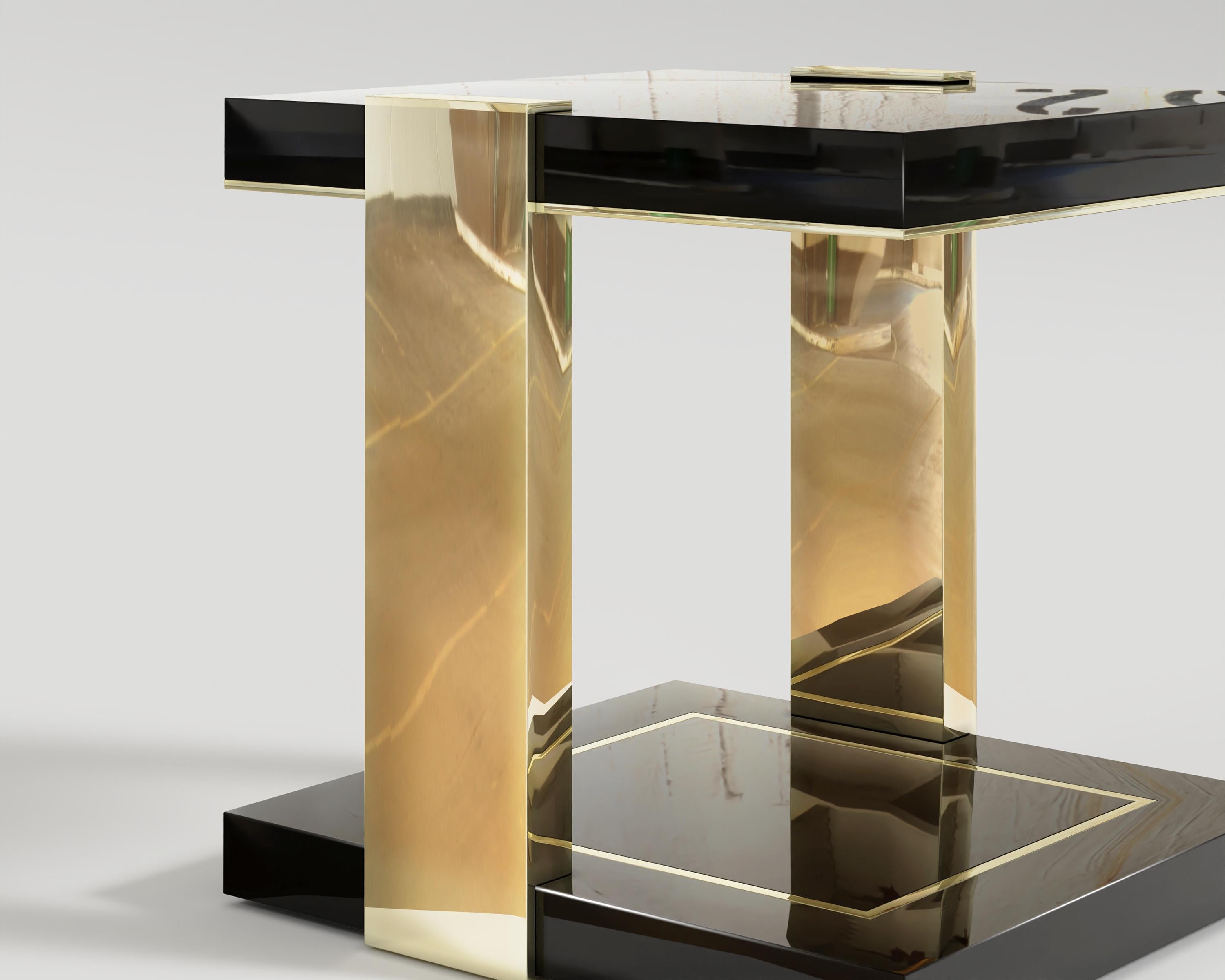 Brossé Table d'appoint double en bronze poli et noir piano par Palena Furniture  en vente