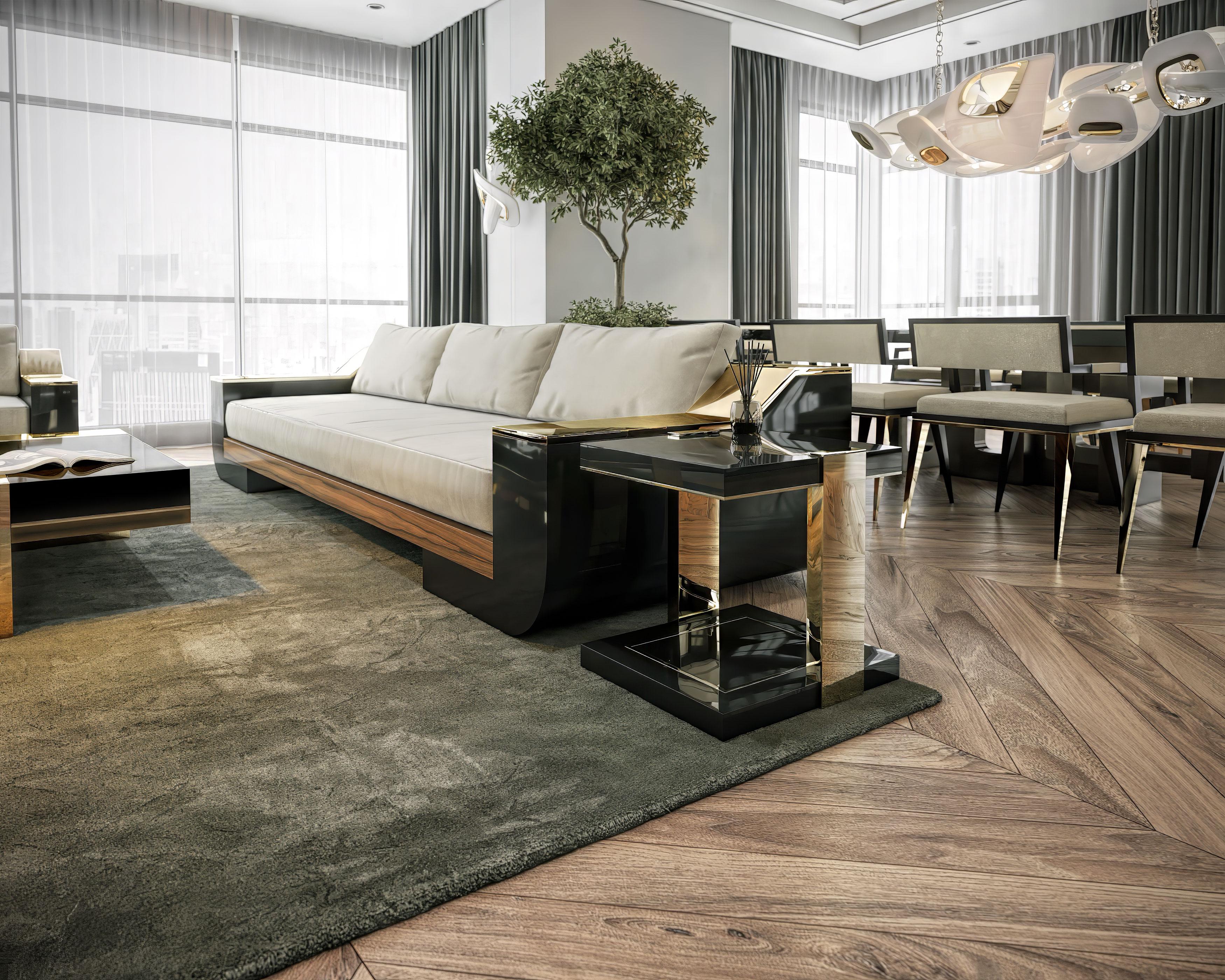 Laque Table d'appoint double en bronze poli et noir piano par Palena Furniture  en vente