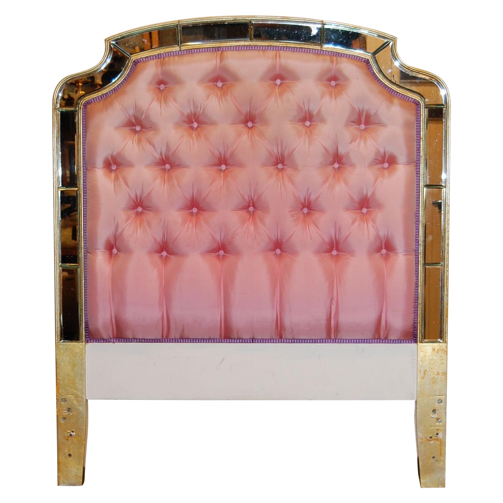 Twin Size Headboard with Tufted Upholstery and Mirrored Trim, circa 1930s For Sale