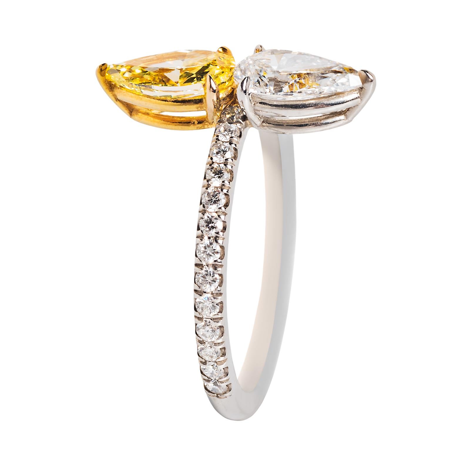 Contemporary Twin-Stone Fancy Intense Yellow Diamond and Diamond Ring For Sale