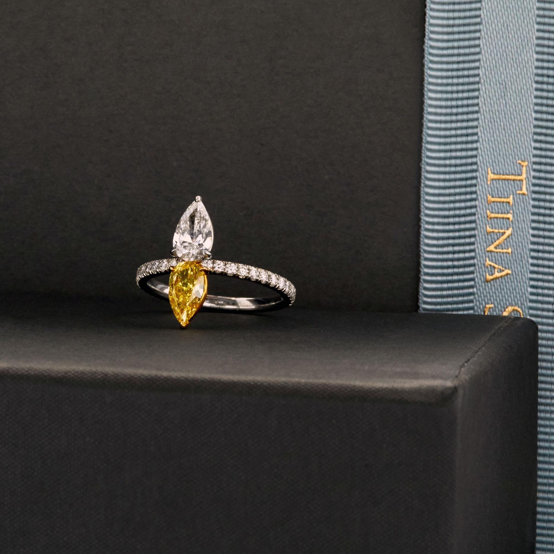 Mixed Cut Twin-Stone Fancy Intense Yellow Diamond and Diamond Ring For Sale