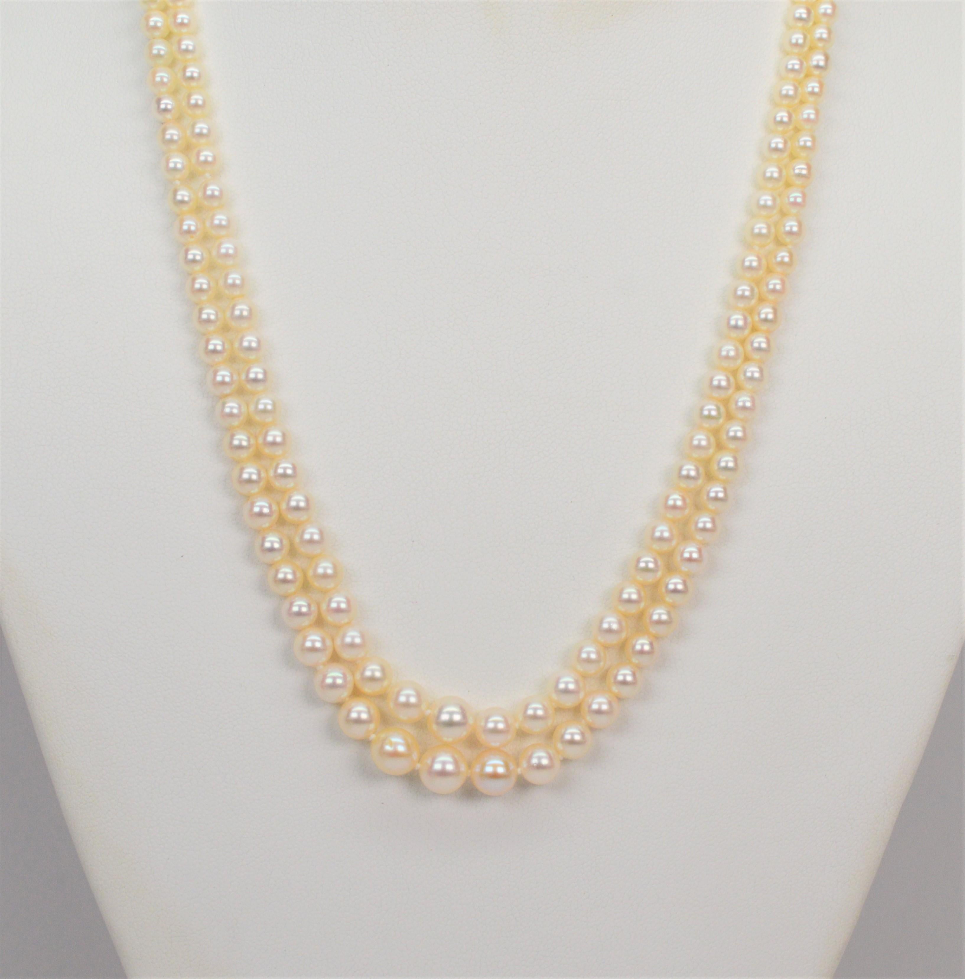 Round Cut Twin Strand Pearl Necklace with Gold Filigree Clasp