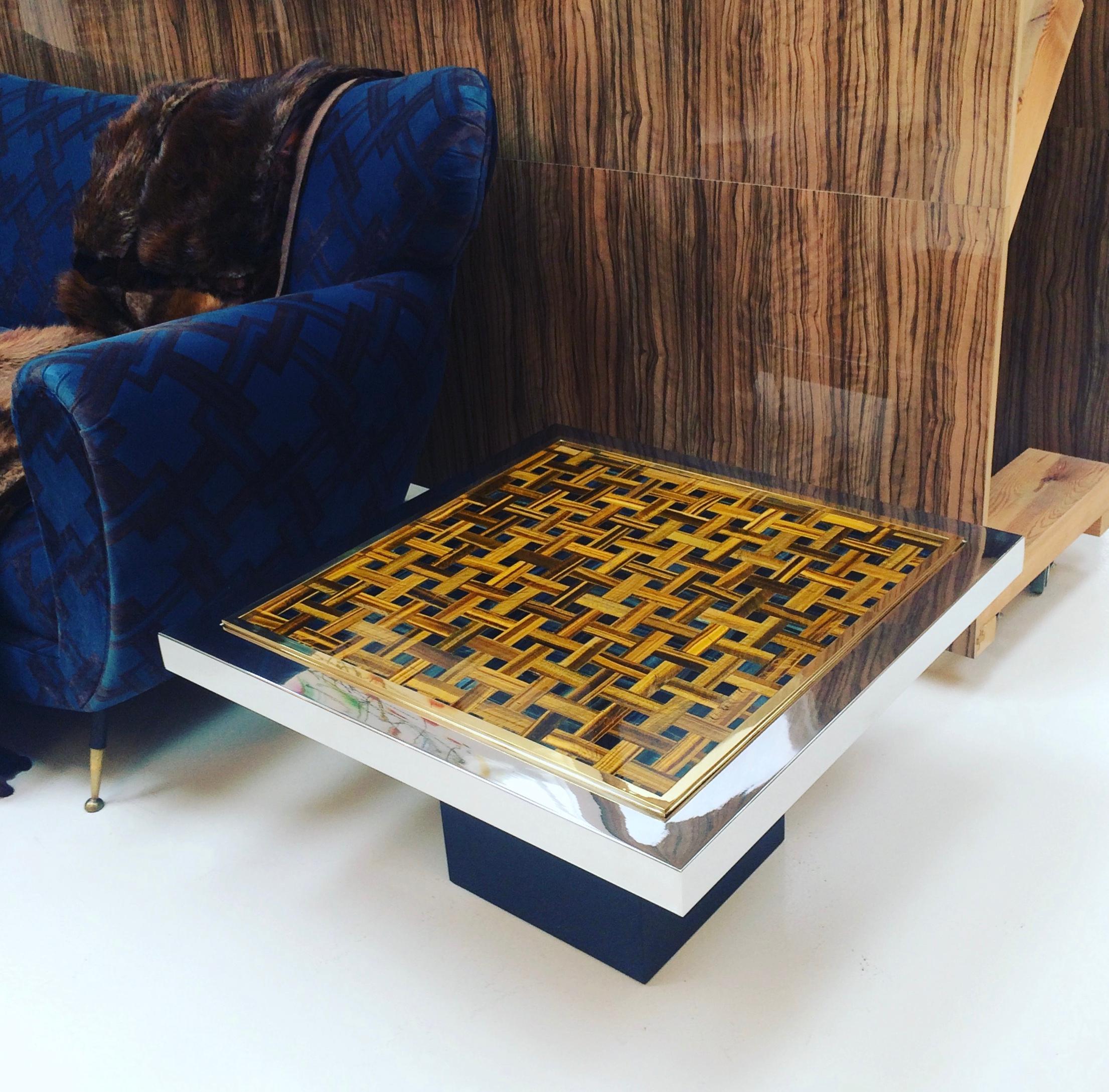 Modern 'Twin Tiger' Side Tables in Tiger Eye, Stainless Steel and Brass For Sale