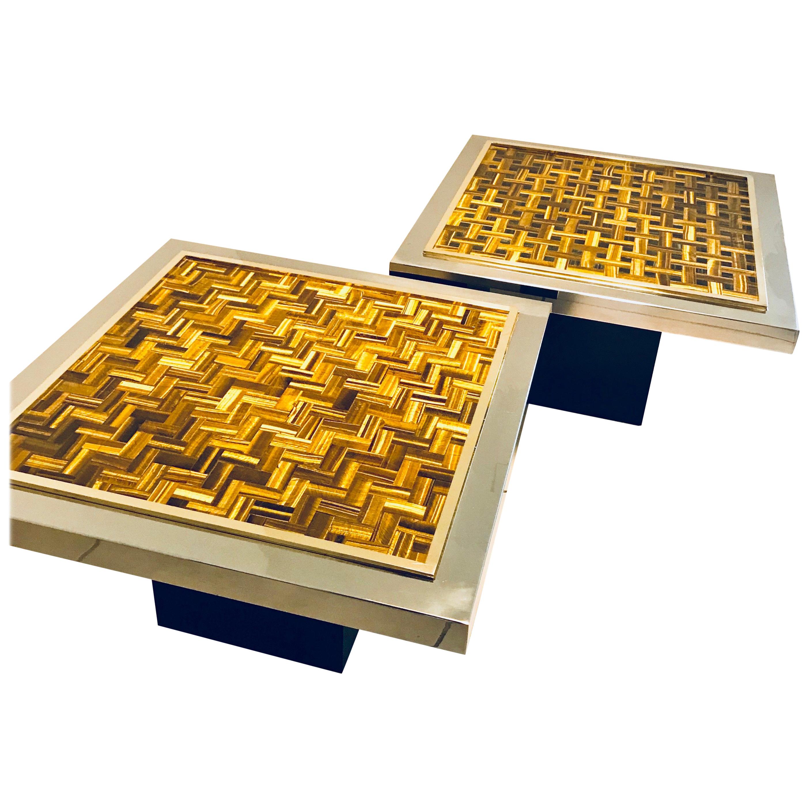 Contemporary 'Twin Tiger' Side Tables in Tiger Eye, Stainless Steel and Brass For Sale