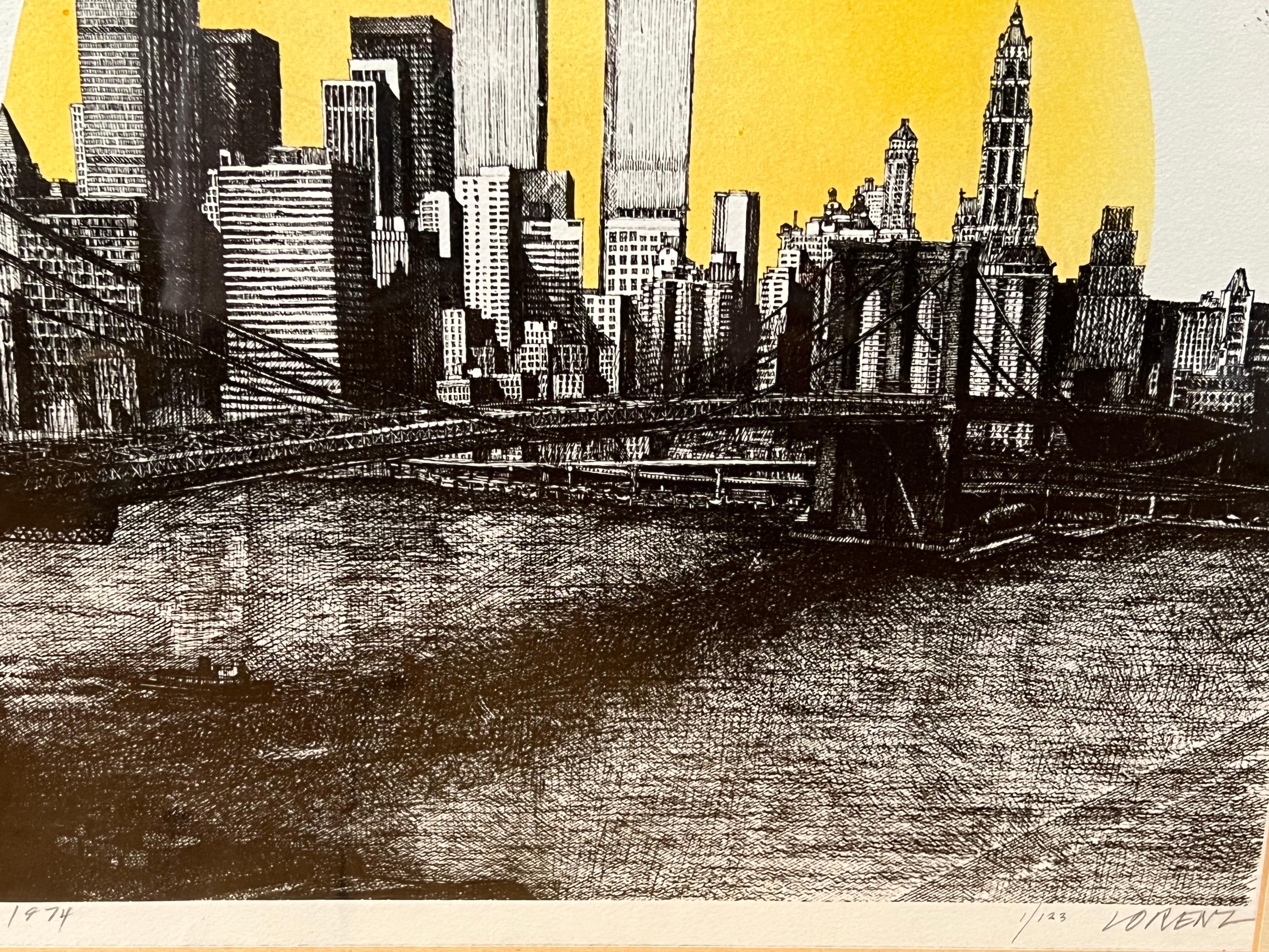 Twin Towers Woodblock Print In Excellent Condition For Sale In Pasadena, CA