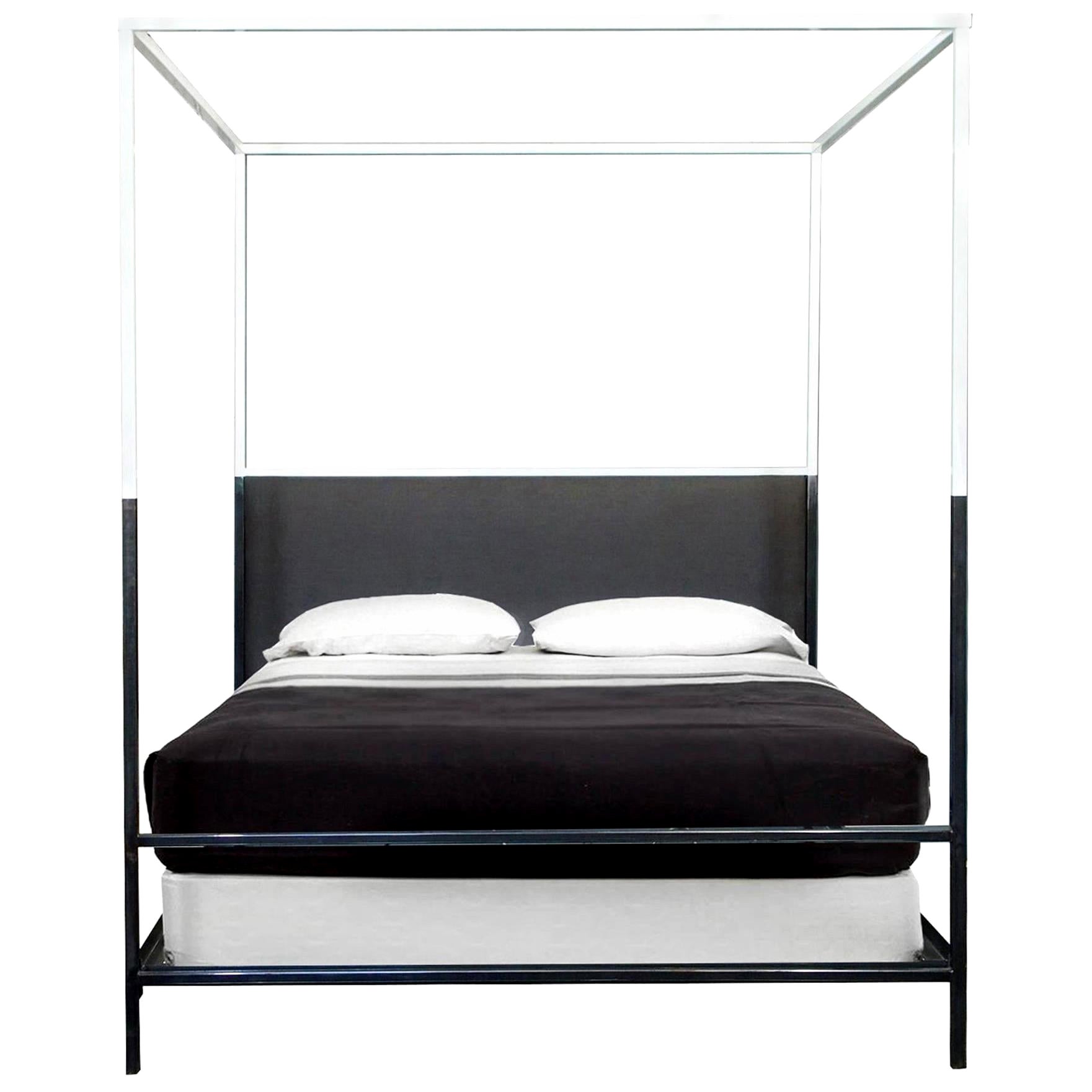 Two Tone Canopy Bed with Linen Headboard, Twin For Sale