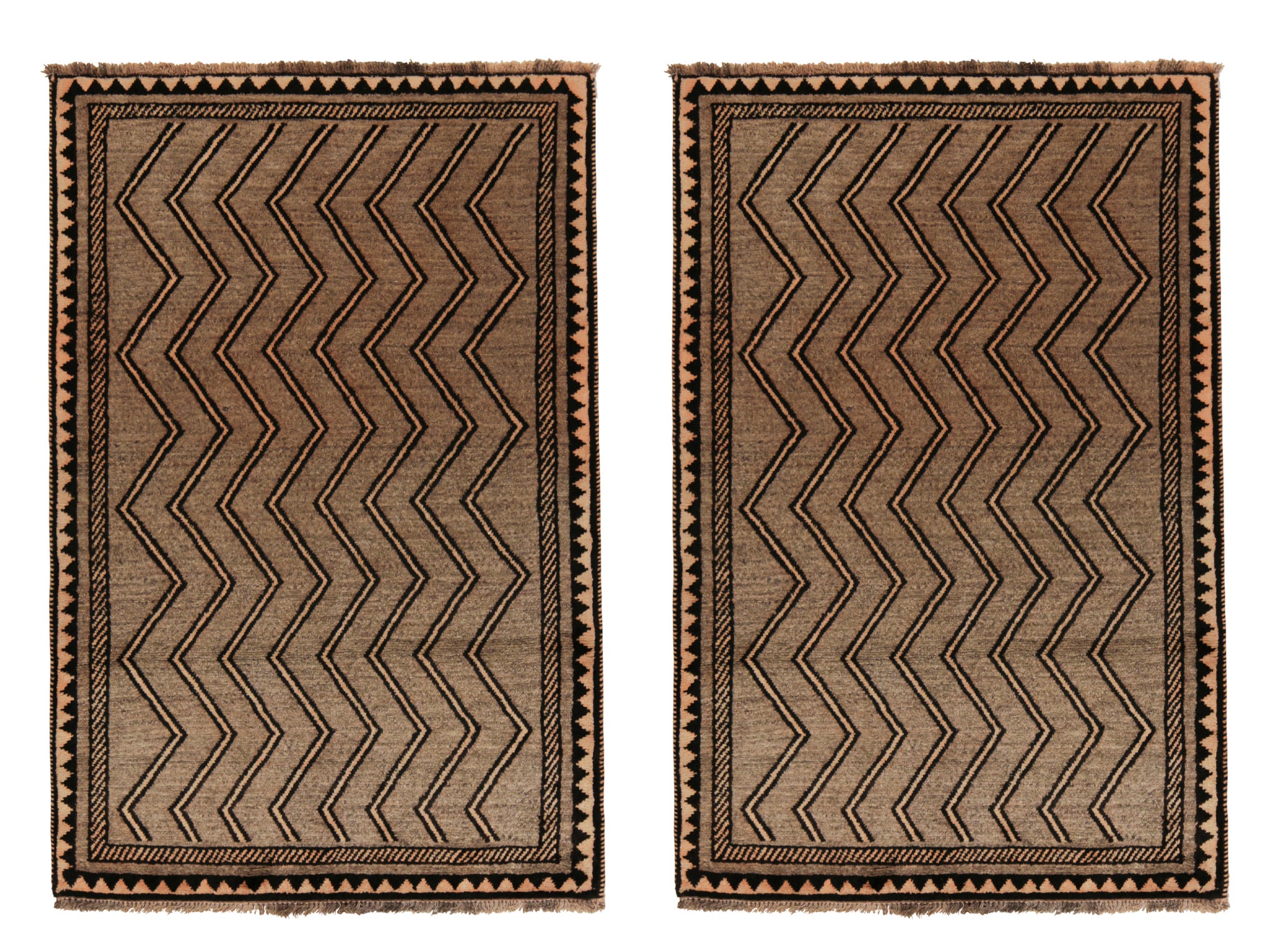Twin Vintage Gabbeh Tribal Rugs in Beige with Chevron Patterns, by Rug & Kilim For Sale