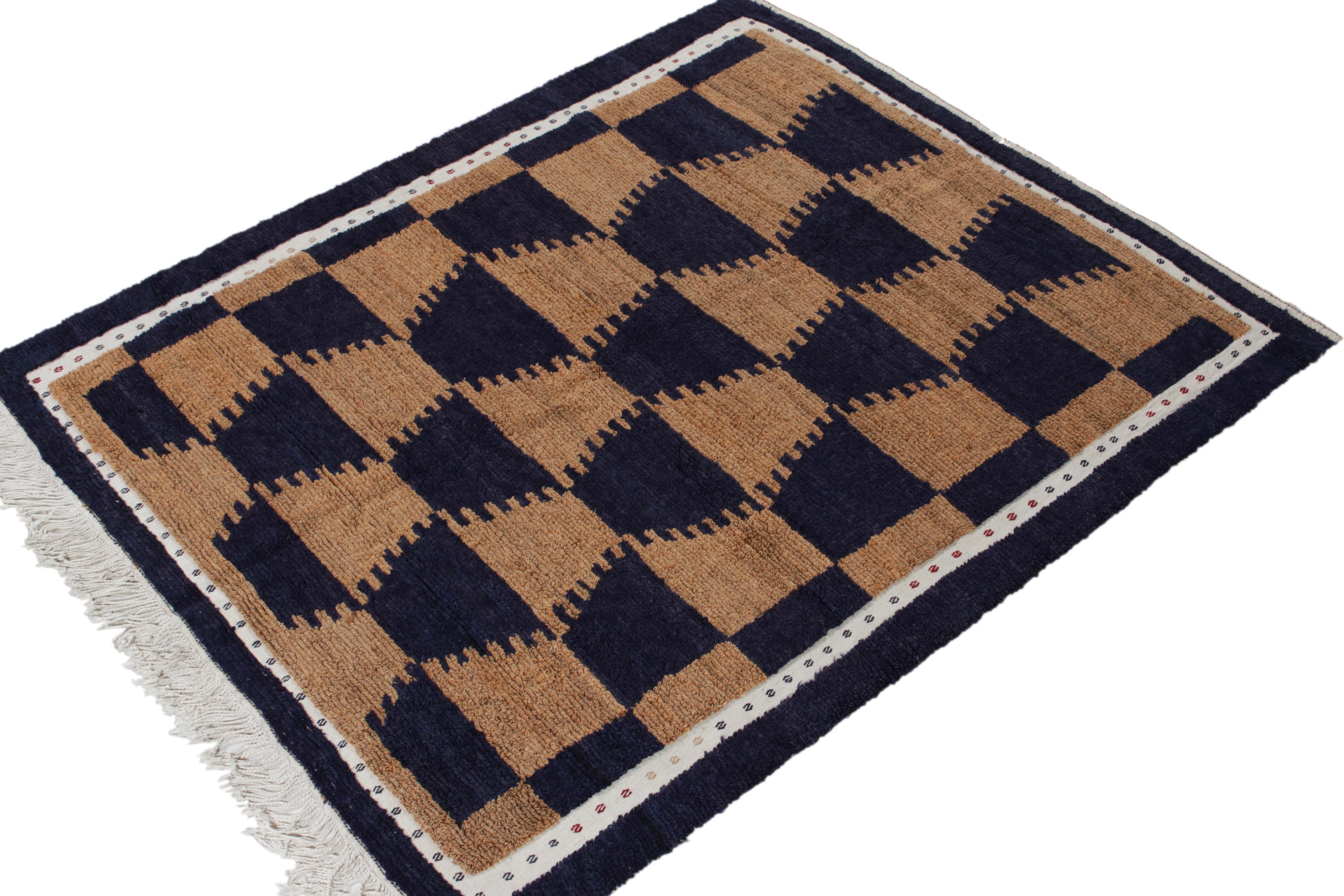 Tribal Twin Vintage Tulu Rugs in Brown and Dark Blue Geometric Patterns by Rug & Kilim For Sale