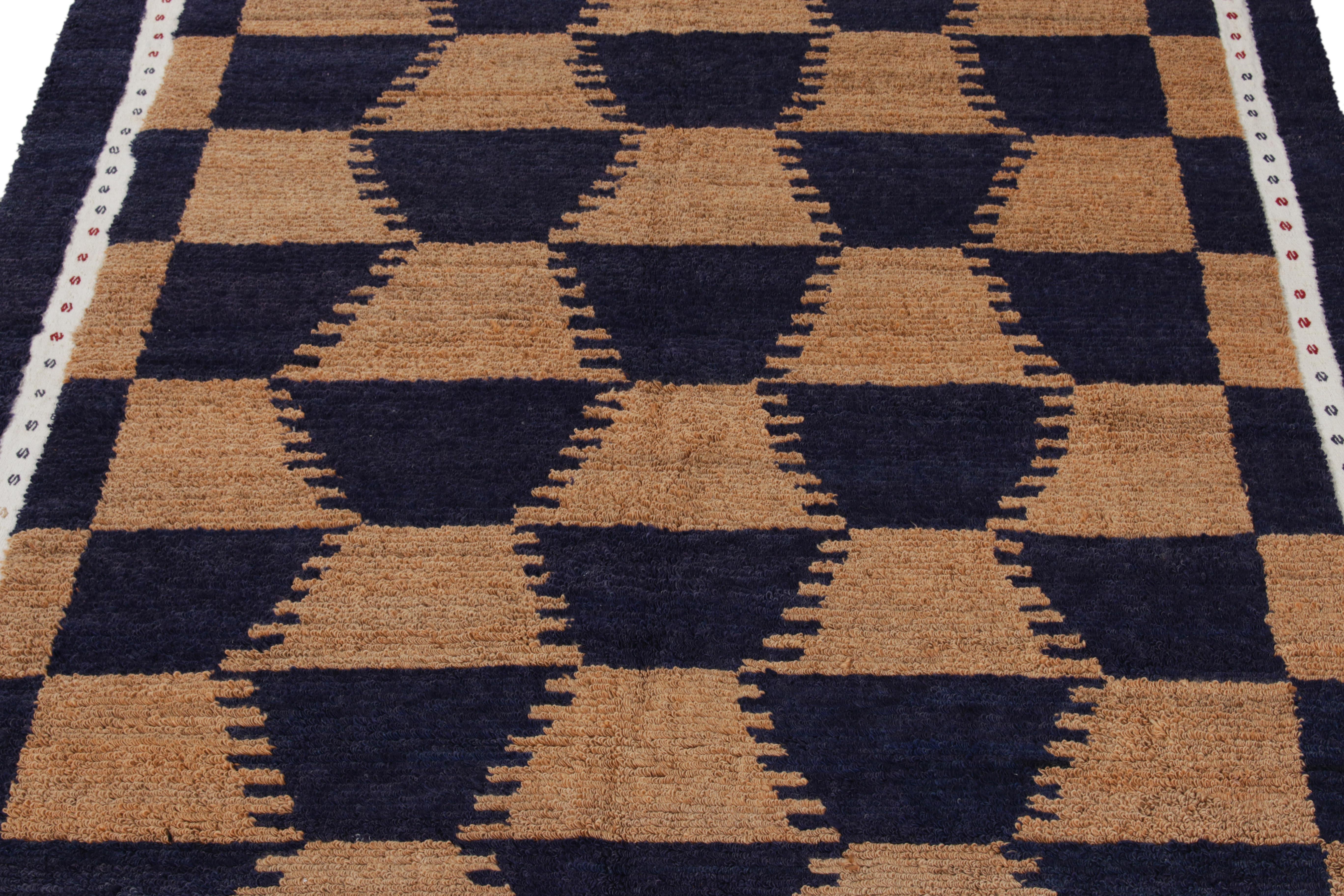 Turkish Twin Vintage Tulu Rugs in Brown and Dark Blue Geometric Patterns by Rug & Kilim For Sale