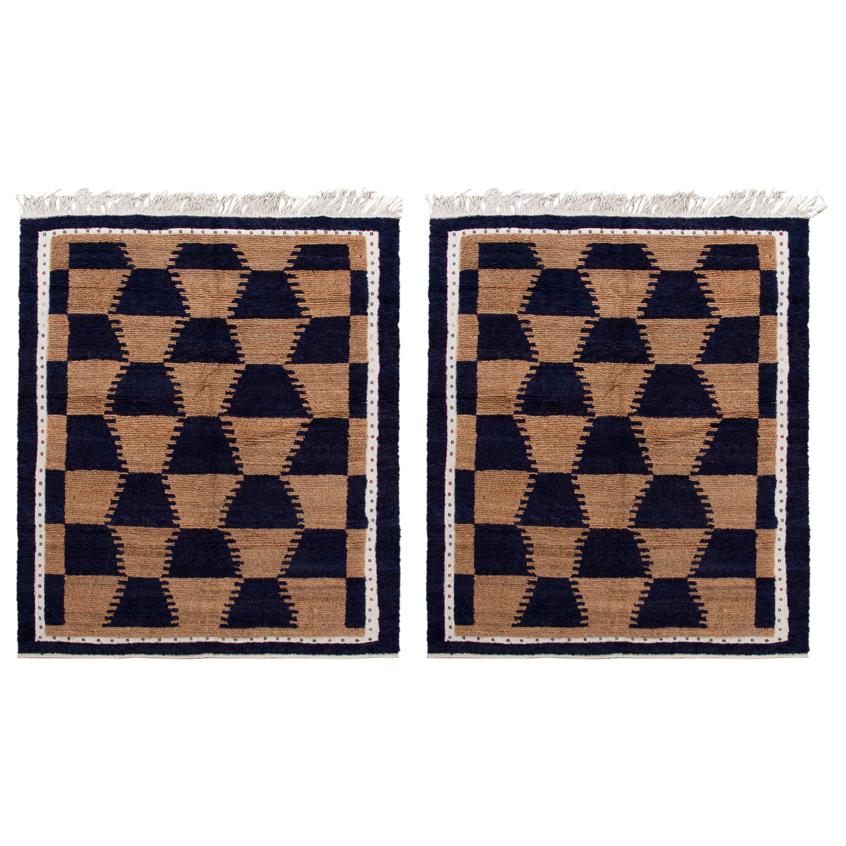 Twin Vintage Tulu-Teppiche in Braun und Dunkelblau mit geometrischen Mustern von Teppich & Kilim