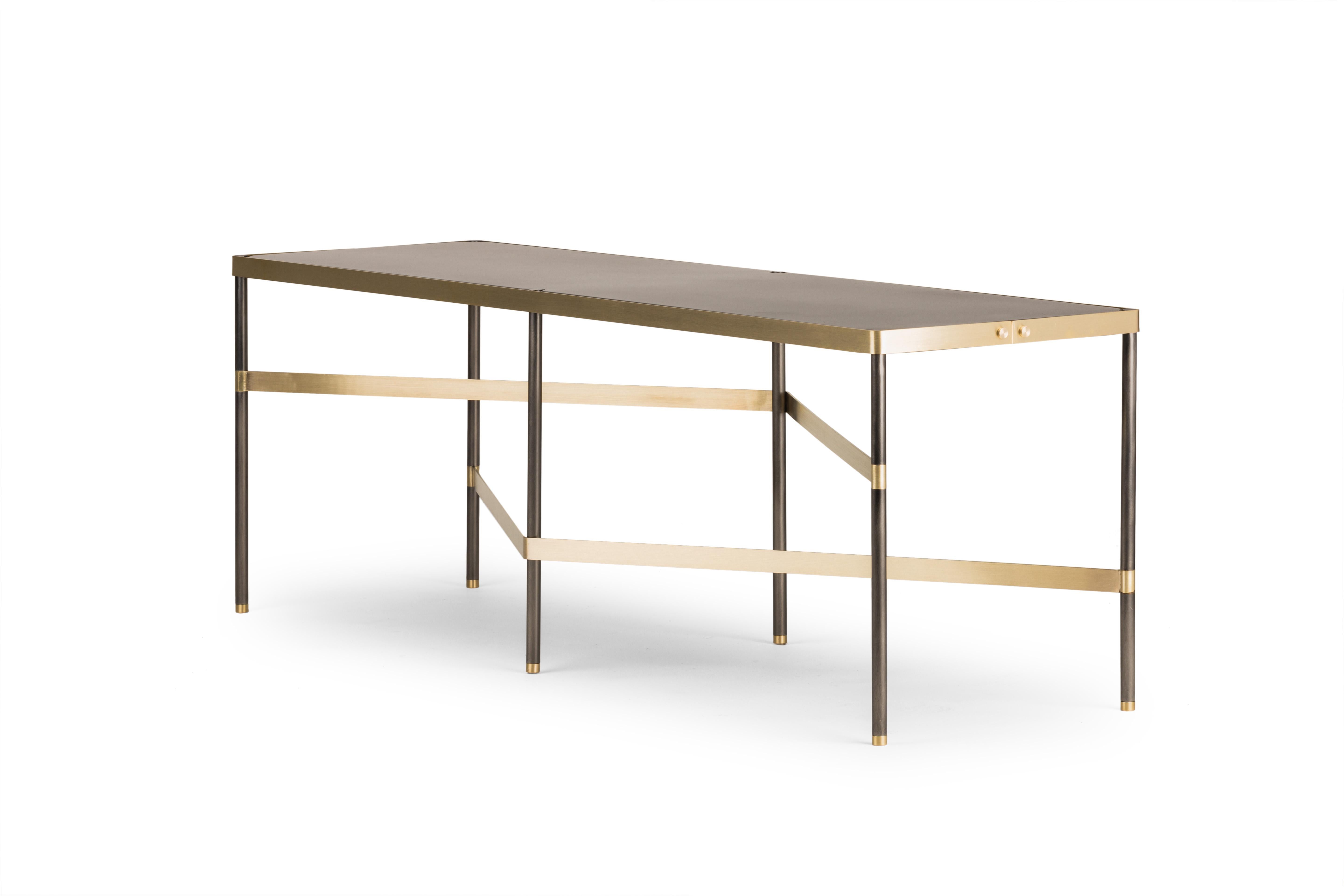 Twine bench by Mingardo
Dimensions: D130 x W36.5 x H44 cm 
Materials: Burnished iron and natural brass
Weight: 13 kg

Also Available in different finishes.

Twine is a small bench whose six legs are tied together by two brass strips