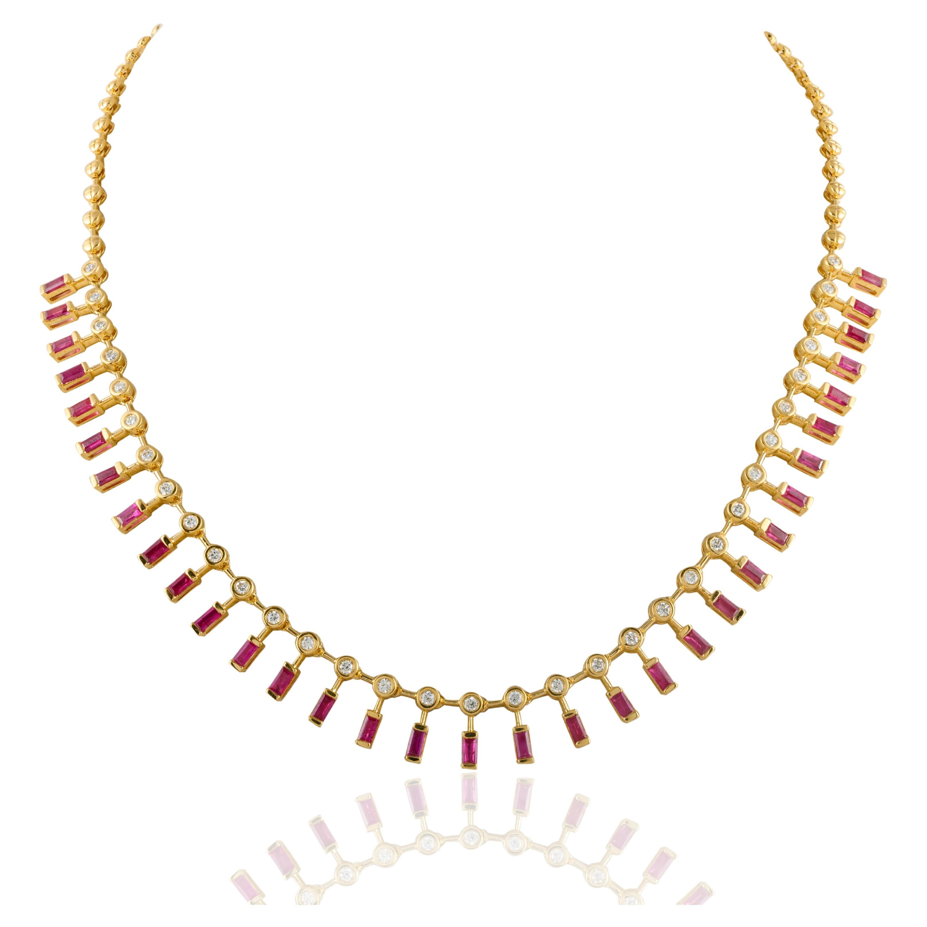 Twinkling 4.12 Carat Ruby Diamond Necklace 18kt Solid Yellow Gold, Grandma Gift For Sale