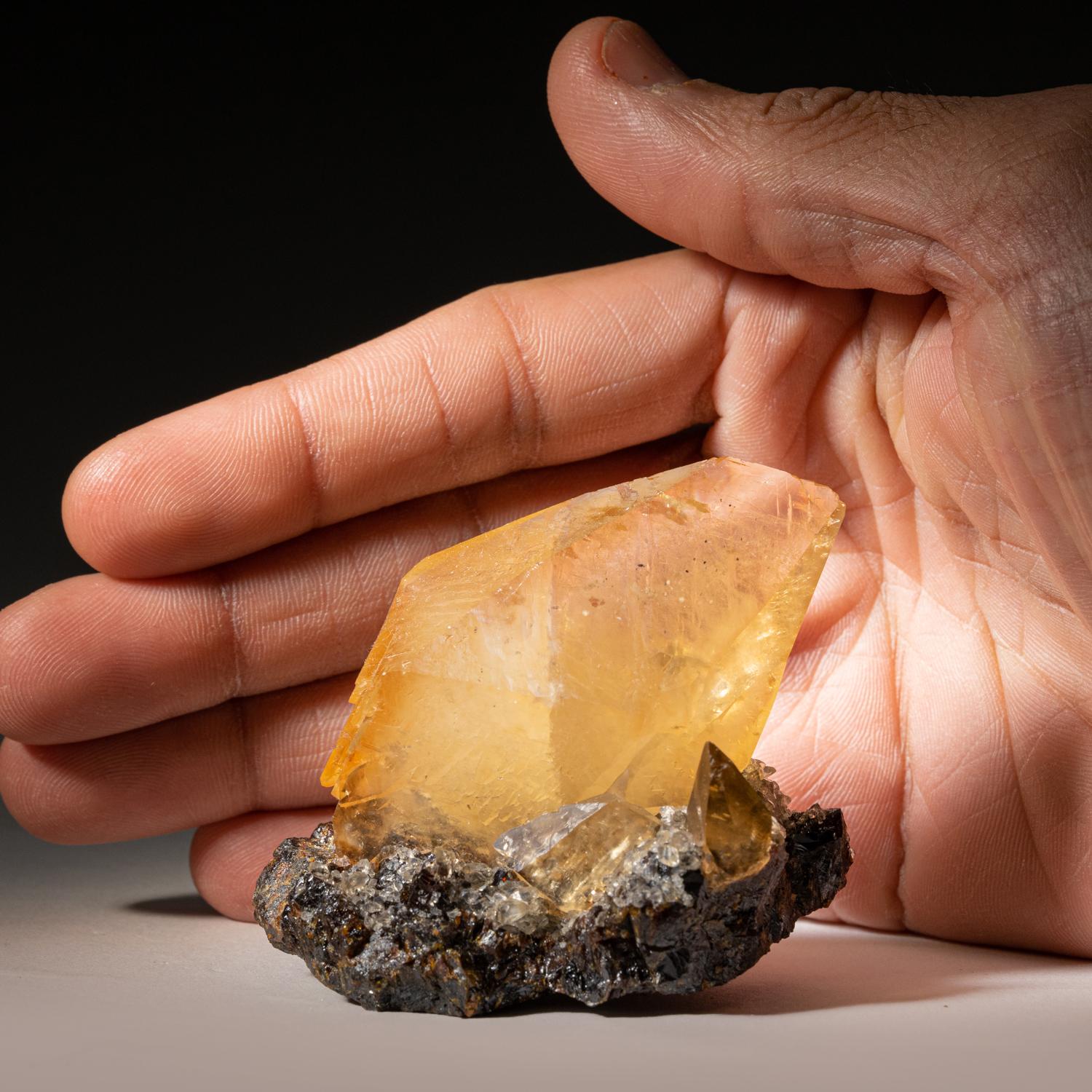 Lustrous transparent deep golden calcite crystal on small sphalerite matrix. Large double terminated scalenohedral twinned on the C-axis with well defined re-entrant faces, with sub parallel crystal growth. Its unique formation and striking color