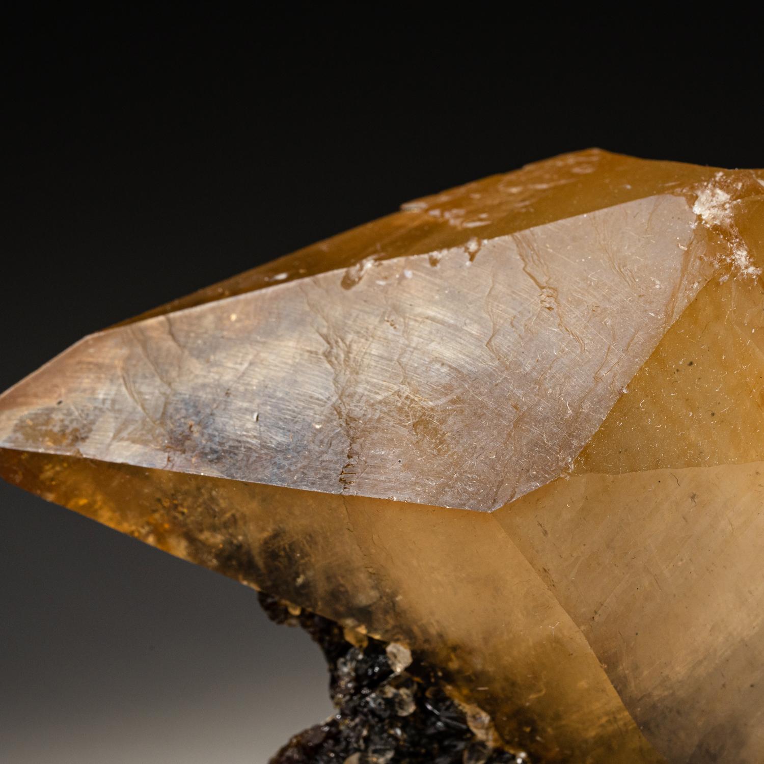 Lustrous transparent deep golden calcite crystal on small sphalerite matrix. Large double terminated scalenohedral twinned on the C-axis with well defined re-entrant faces, with sub parallel crystal growth.

 

Weight: 283.3 grams, Dimensions: 2.5 x
