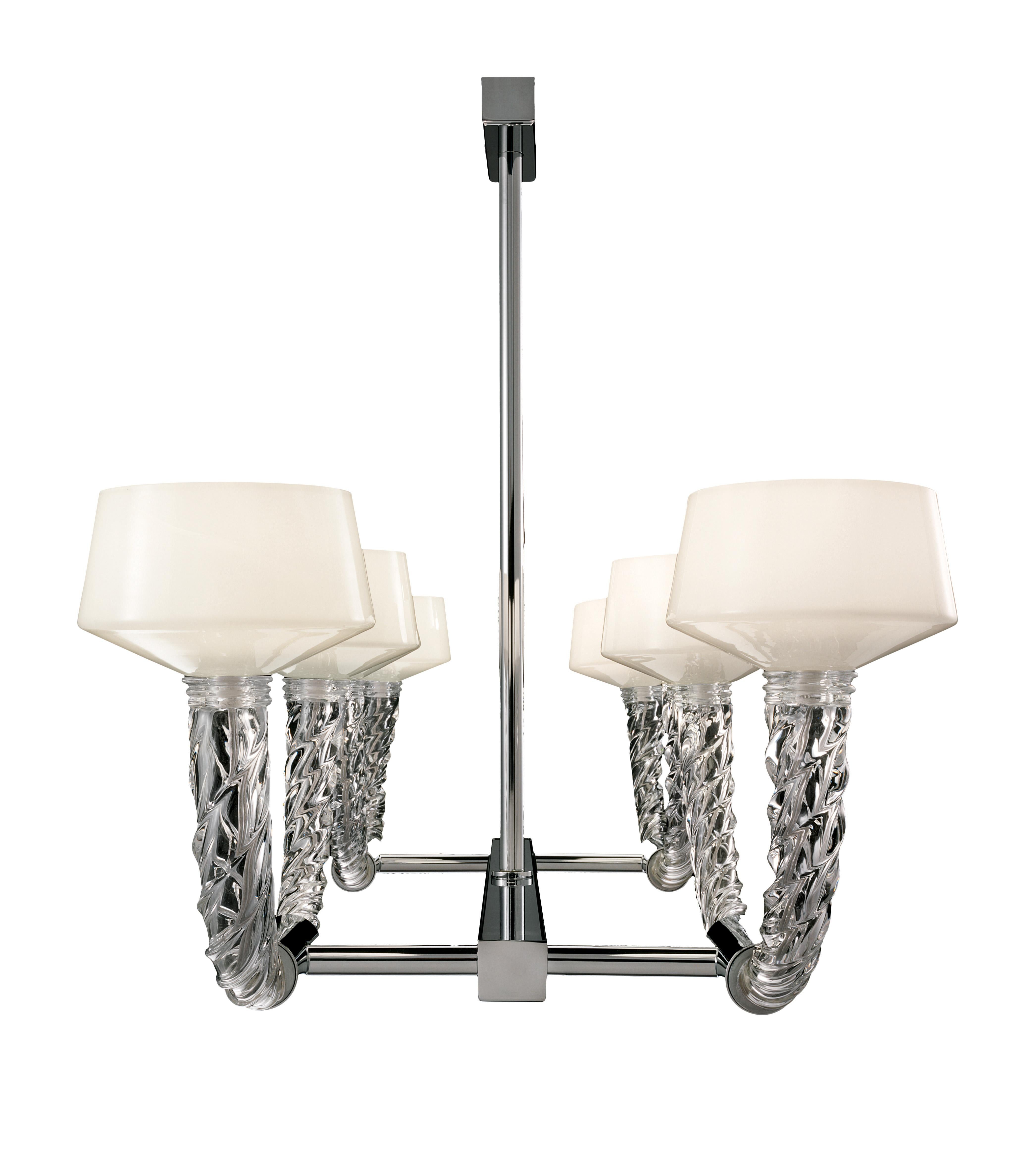 Shown here from the Twins collections, originally designed in 2013, is the Twins 7226 08 light chandelier in glass with a polished chrome finish. At the very heart of it all is the culmination of six hundred years of tradition handed down from