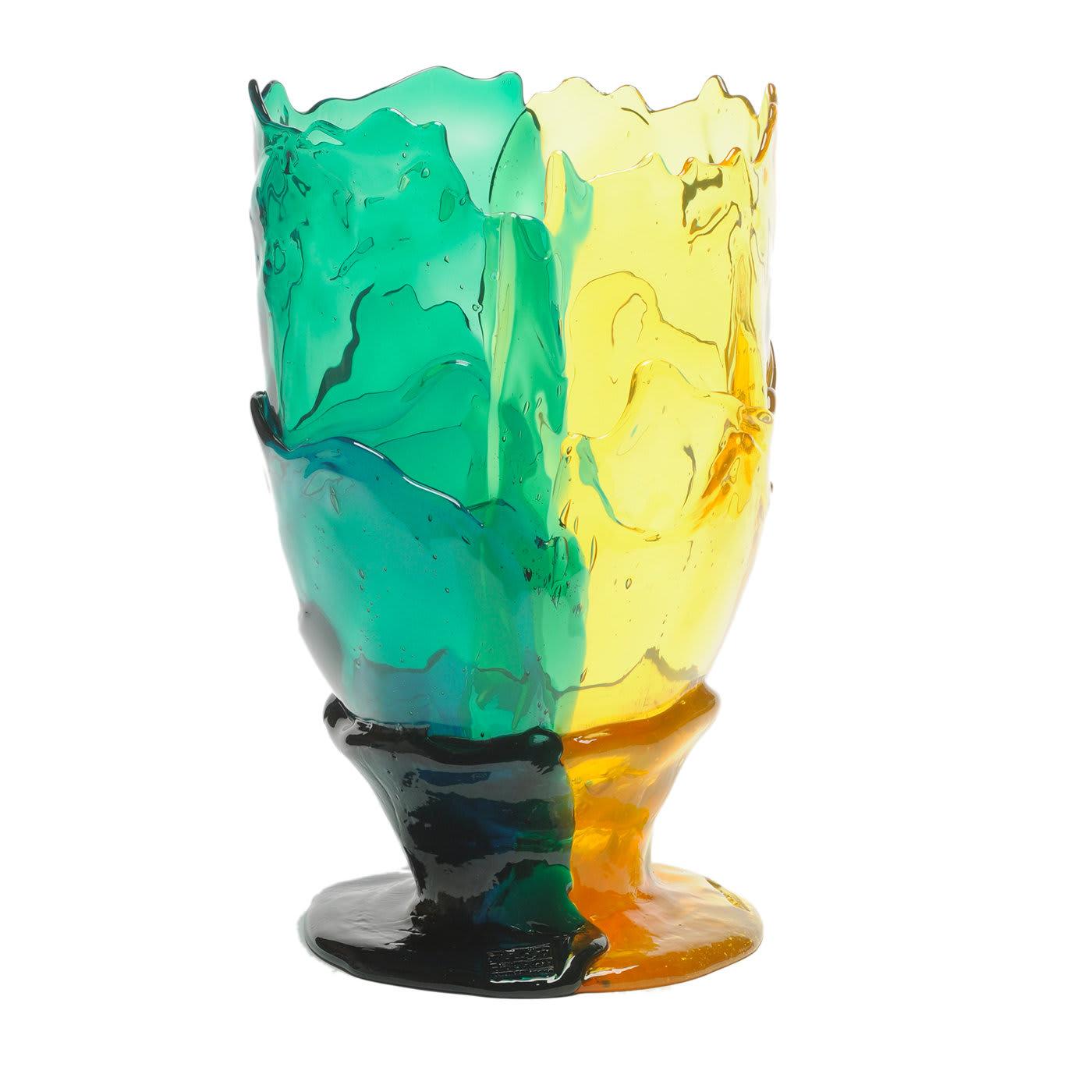 The ultimate statement piece in any home, both on its own or with flowers, this vase features dripping layers of vibrant green- and yellow-colored resin in a goblet shape. The soft resin is sculpted into layers to create an evocative visual effect