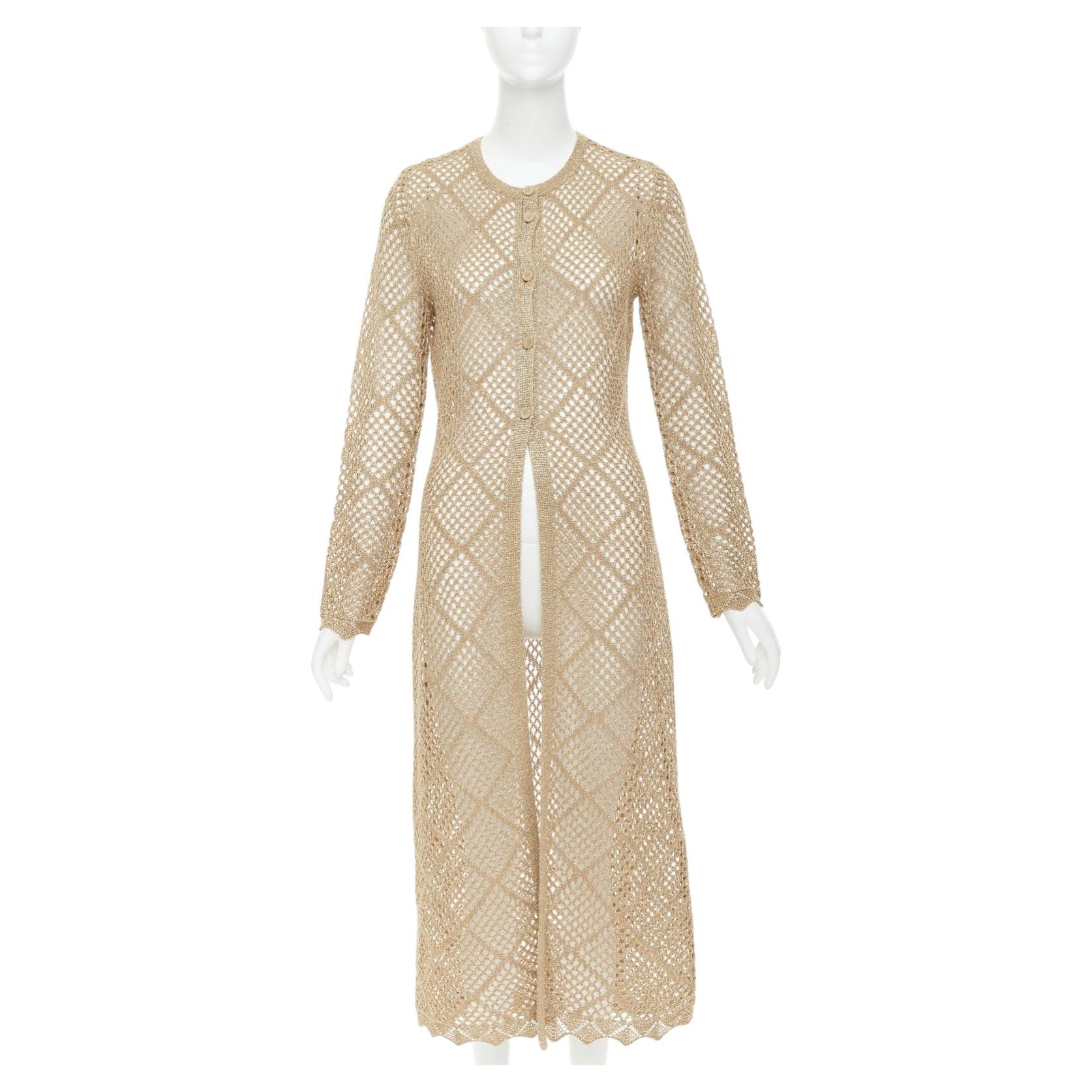 TWINSET 2024  metallic gold lurex mesh diamond open knit lace trim long cardigan