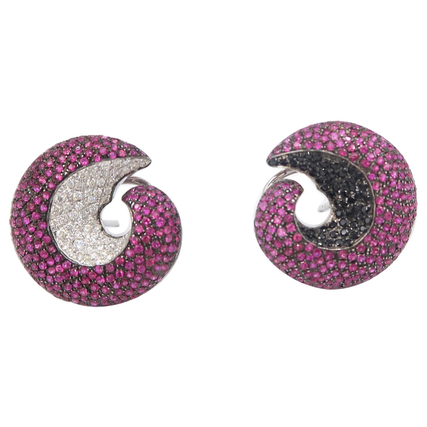 Twirl Non-Identical Ruby White Black Diamond Pavé Gold Clip-On Earrings For Sale