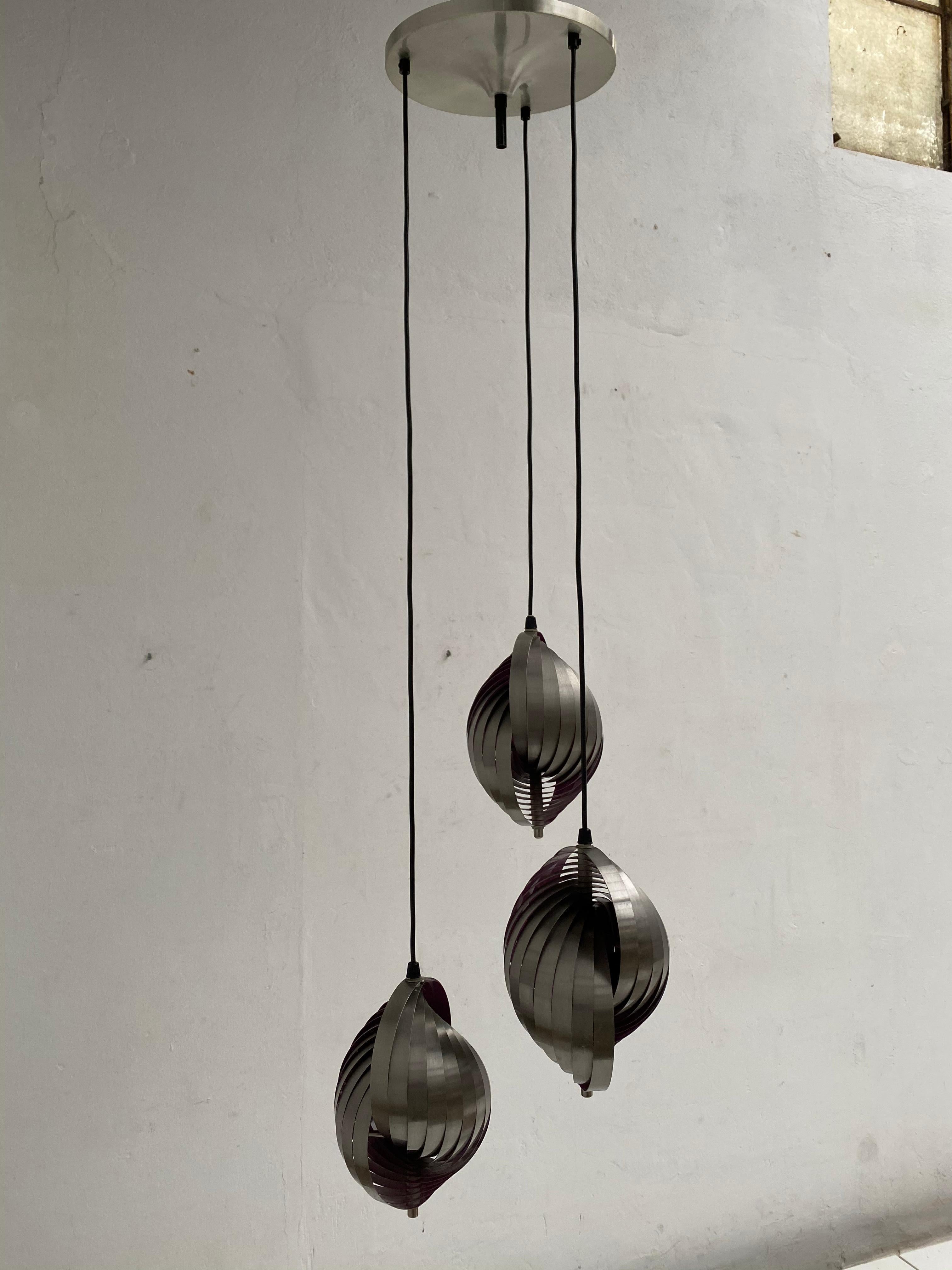 Twirling Brushed Steel Pendant by Henri Mathieu circa 1970 for Lyfa, Denmark For Sale 4