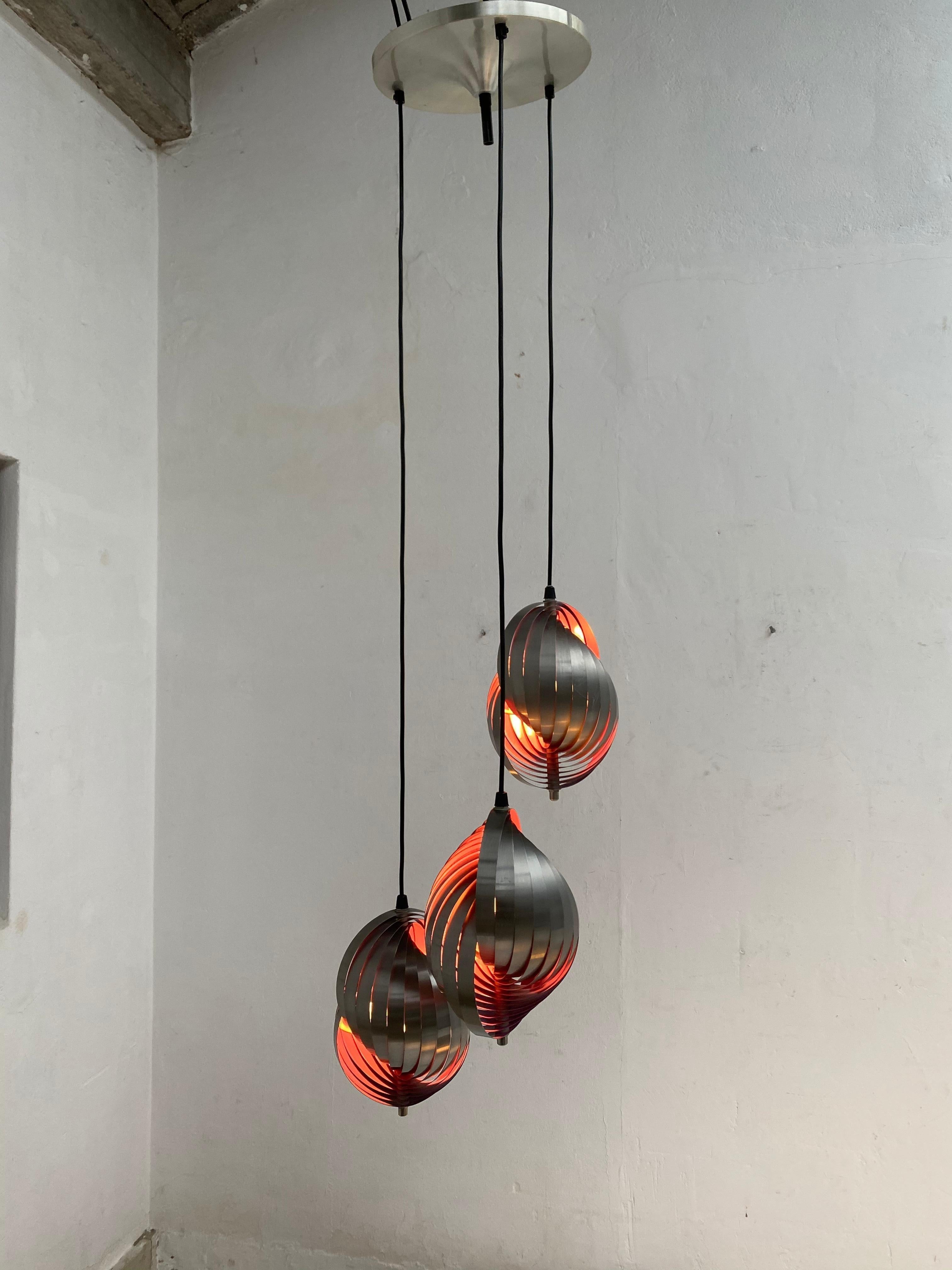 Twirling Brushed Steel Pendant by Henri Mathieu circa 1970 for Lyfa, Denmark For Sale 1