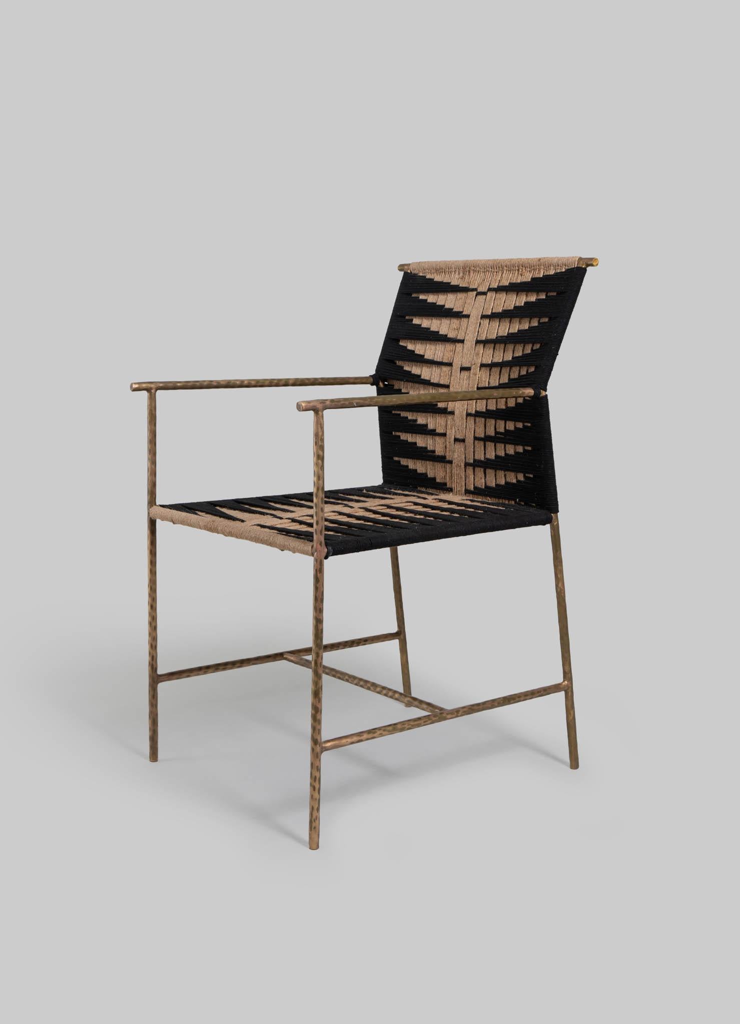 Hand-Crafted Twist & Knot Black Natural Chair in Rope with Brass legs, Viya by Vikram Goyal For Sale