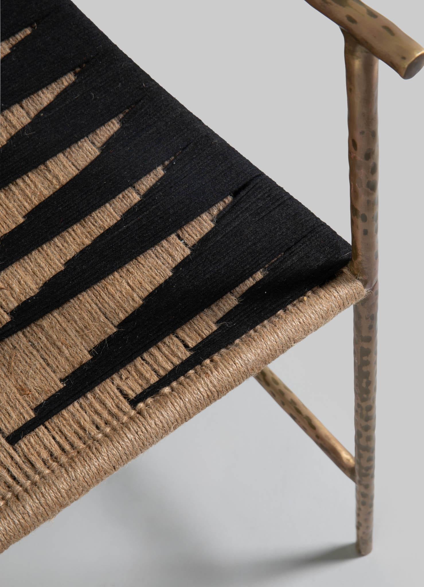 Contemporary Twist & Knot Black Natural Chair in Rope with Brass legs, Viya by Vikram Goyal For Sale