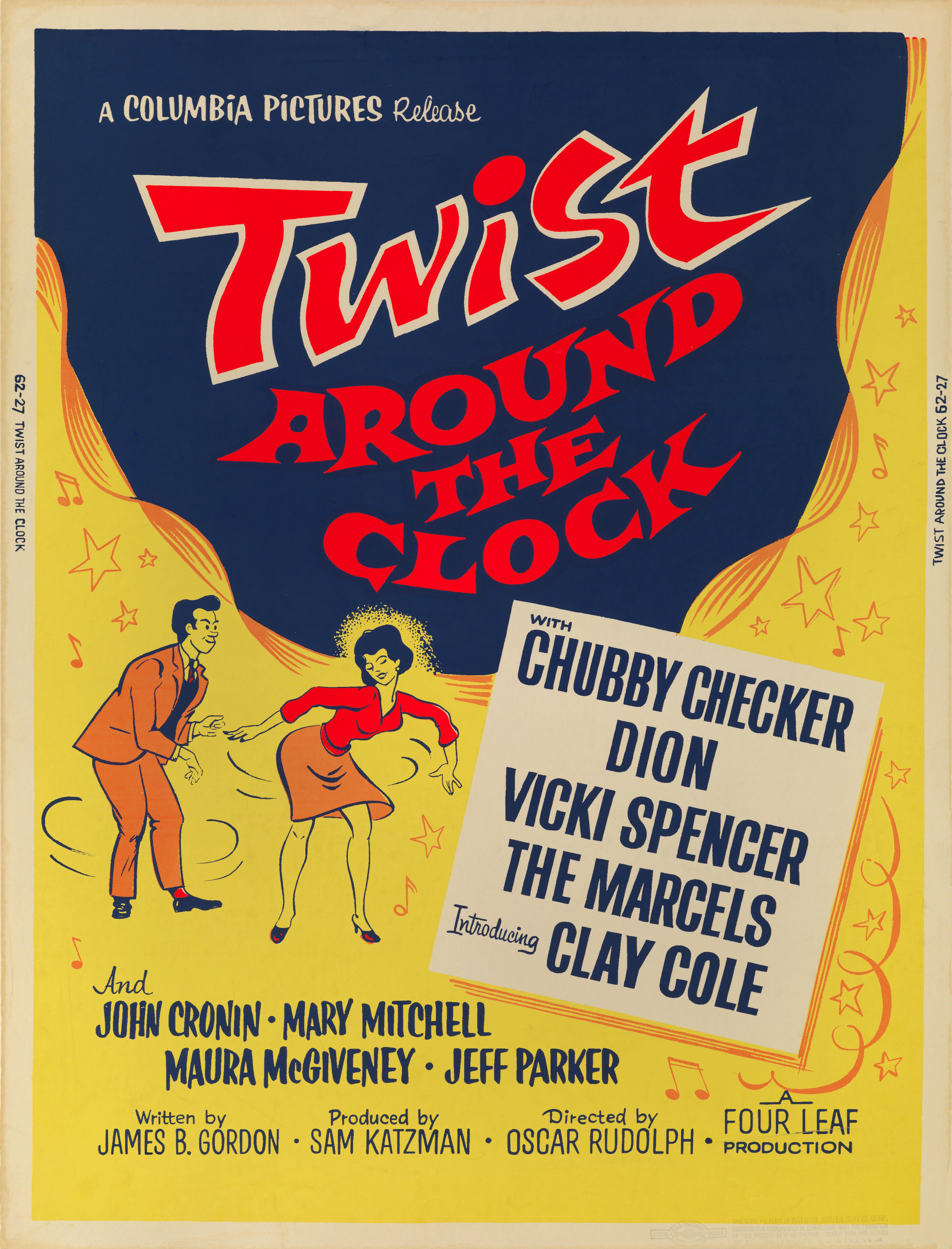 Original US film poster for the 1961 Musical Twist Around the Clock.
This film was directed by Oscar Rudolph and starred Chubby Checker.
This size poster was printed on heavier paper stock, and designed for special displays and drive-in cinemas.