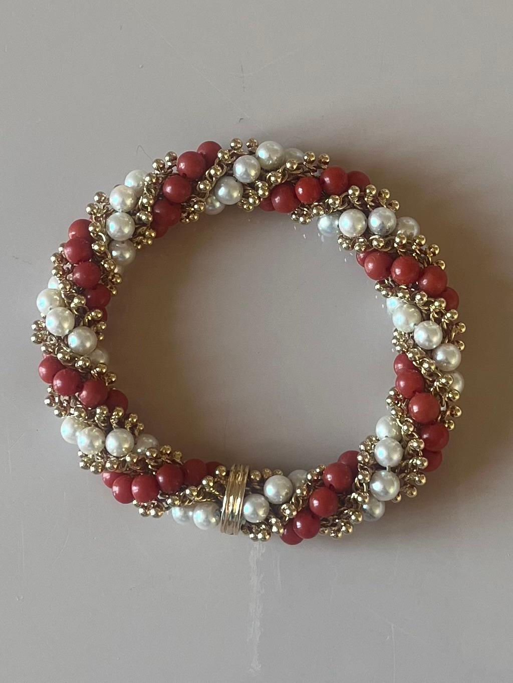 Bead Twist Bracelet in Coral and Pearls by Van Cleef & Arpels For Sale