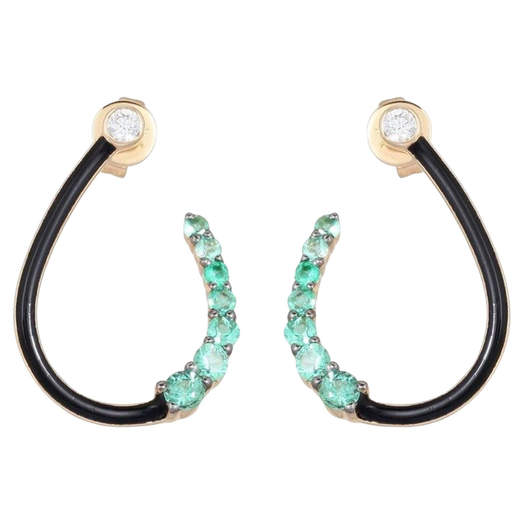 0.59ct Emerald & Diamond 14K Yellow Gold Black Enamel Hoop Earrings