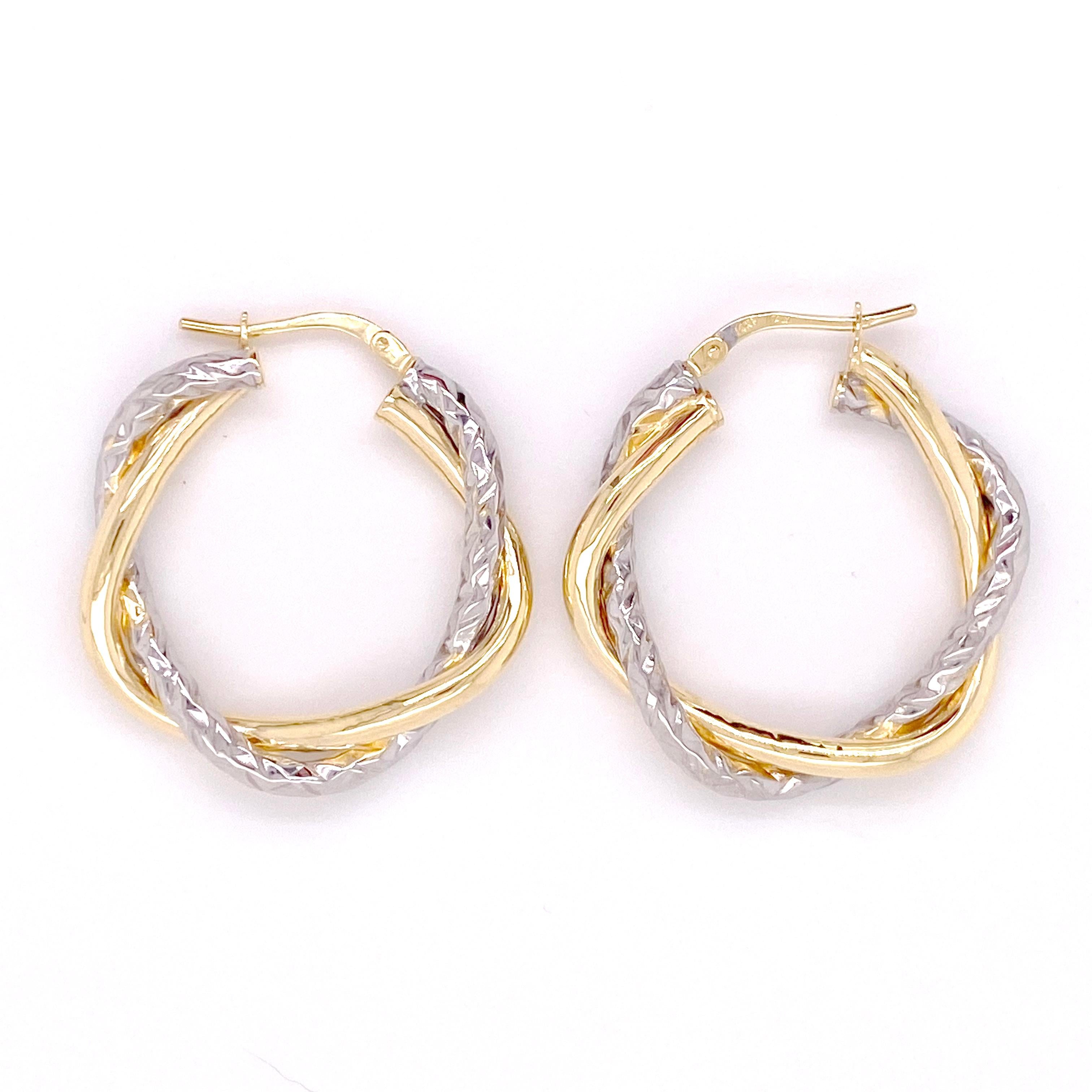 Contemporain Boucles d'oreilles Twist Hoop, boucles d'oreilles pendantes en métal mixte or jaune et blanc en vente