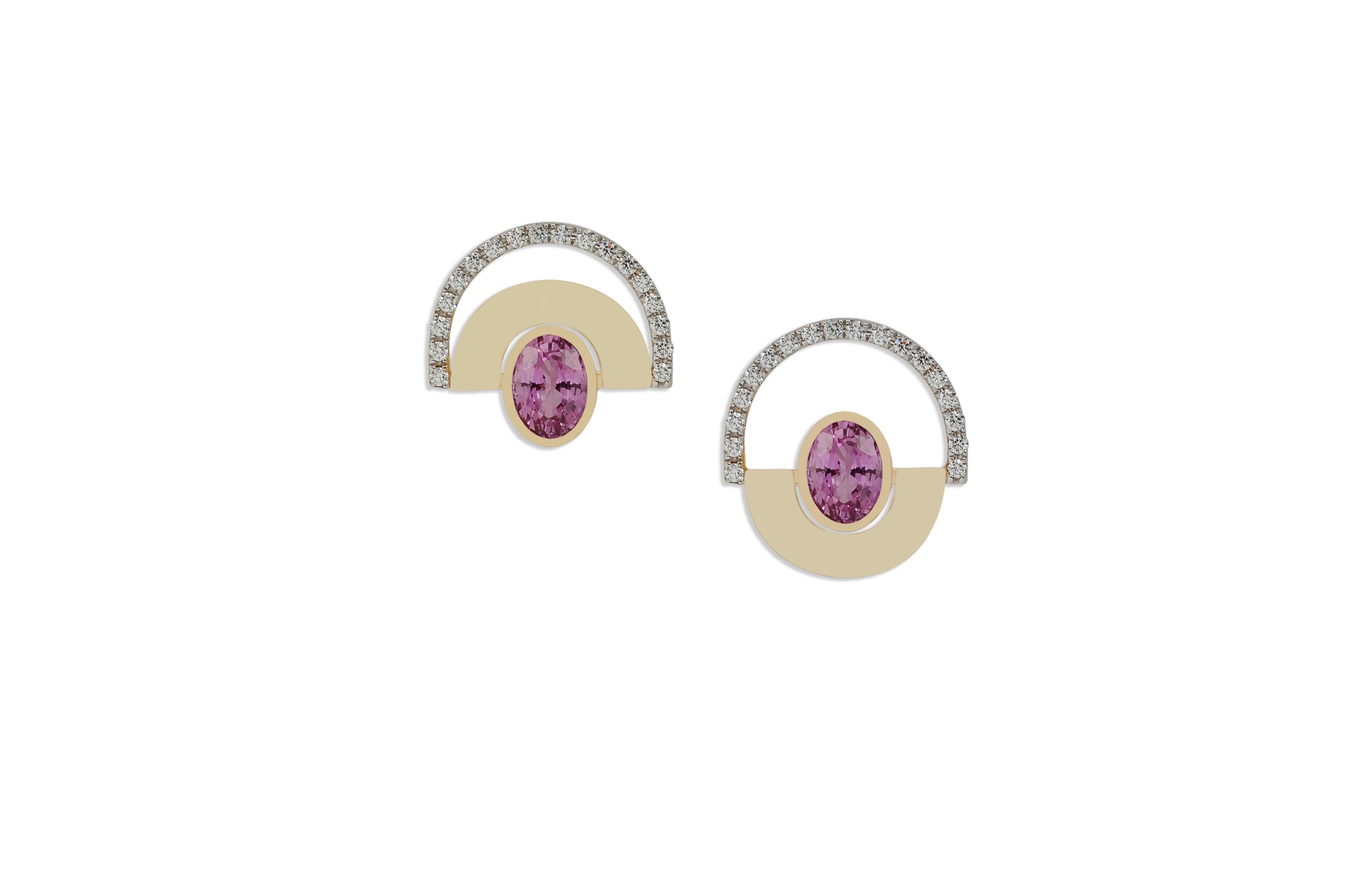 Oval Cut Twist Reflection Diamond and Pink Sapphire Earrings in 18K Gold For Sale