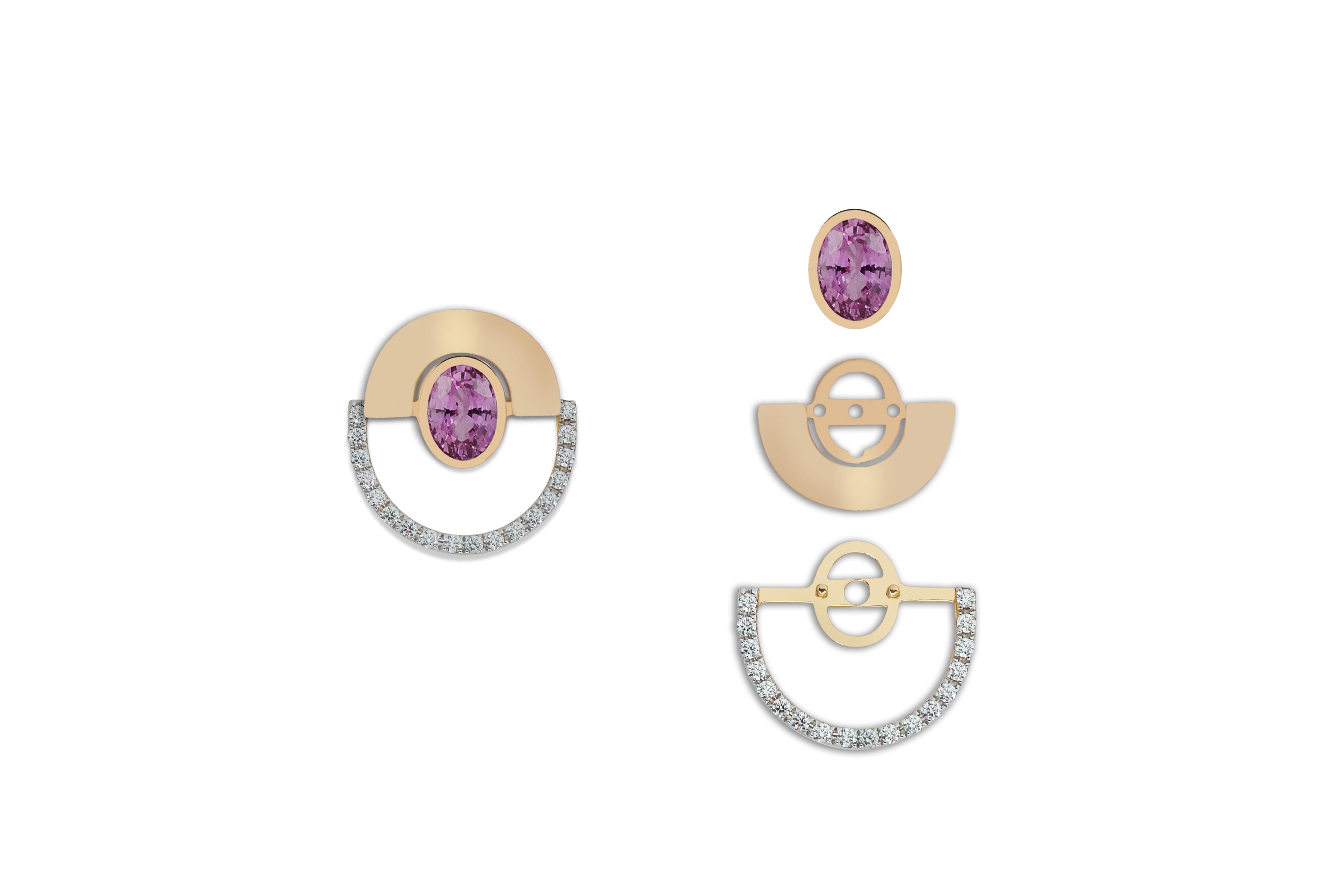 Twist Reflection Diamond and Pink Sapphire Earrings in 18K Gold In New Condition For Sale In Bangkok, 10