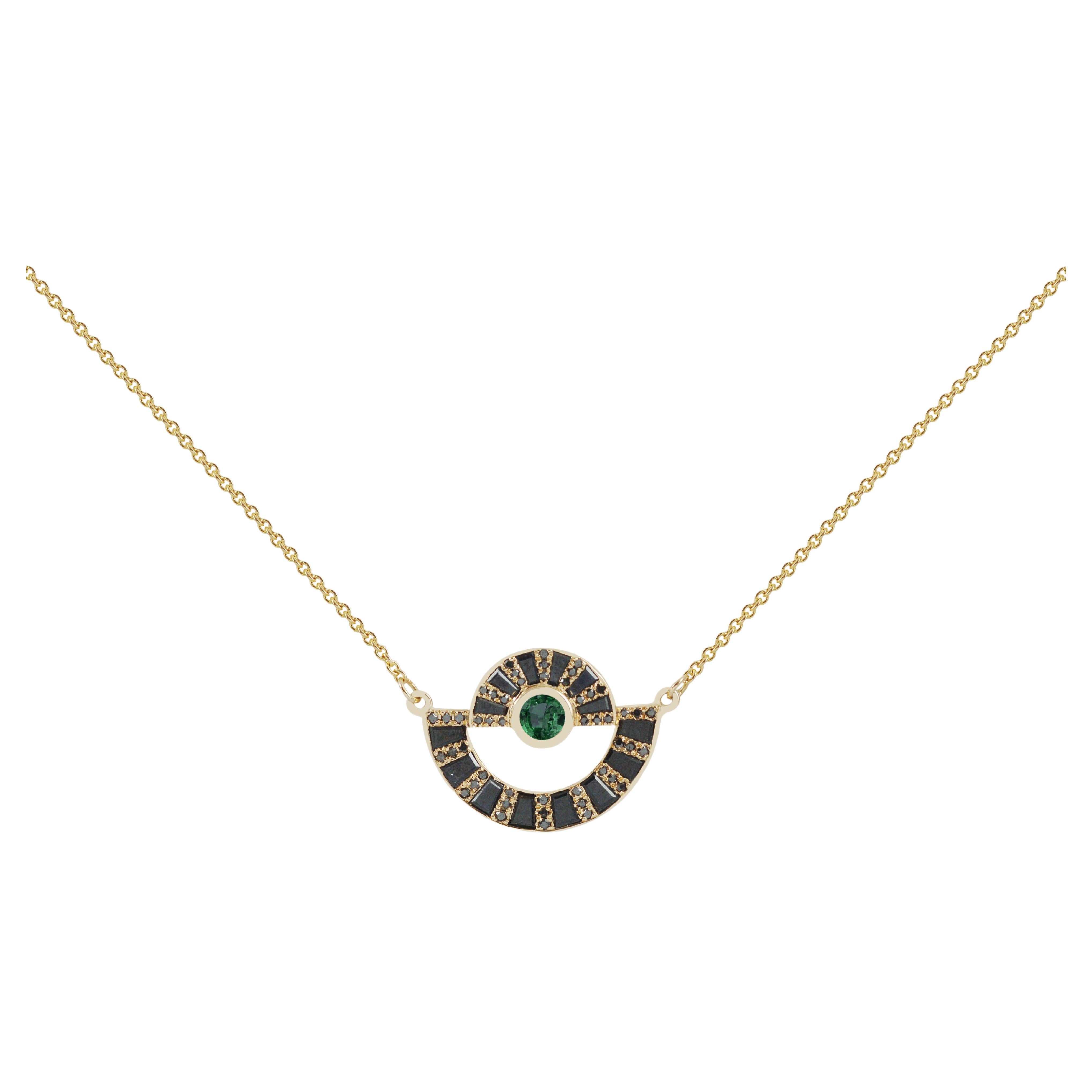Twist Reflection Emerald, Black Diamond, Black Sapphire Necklace in 18K Gold