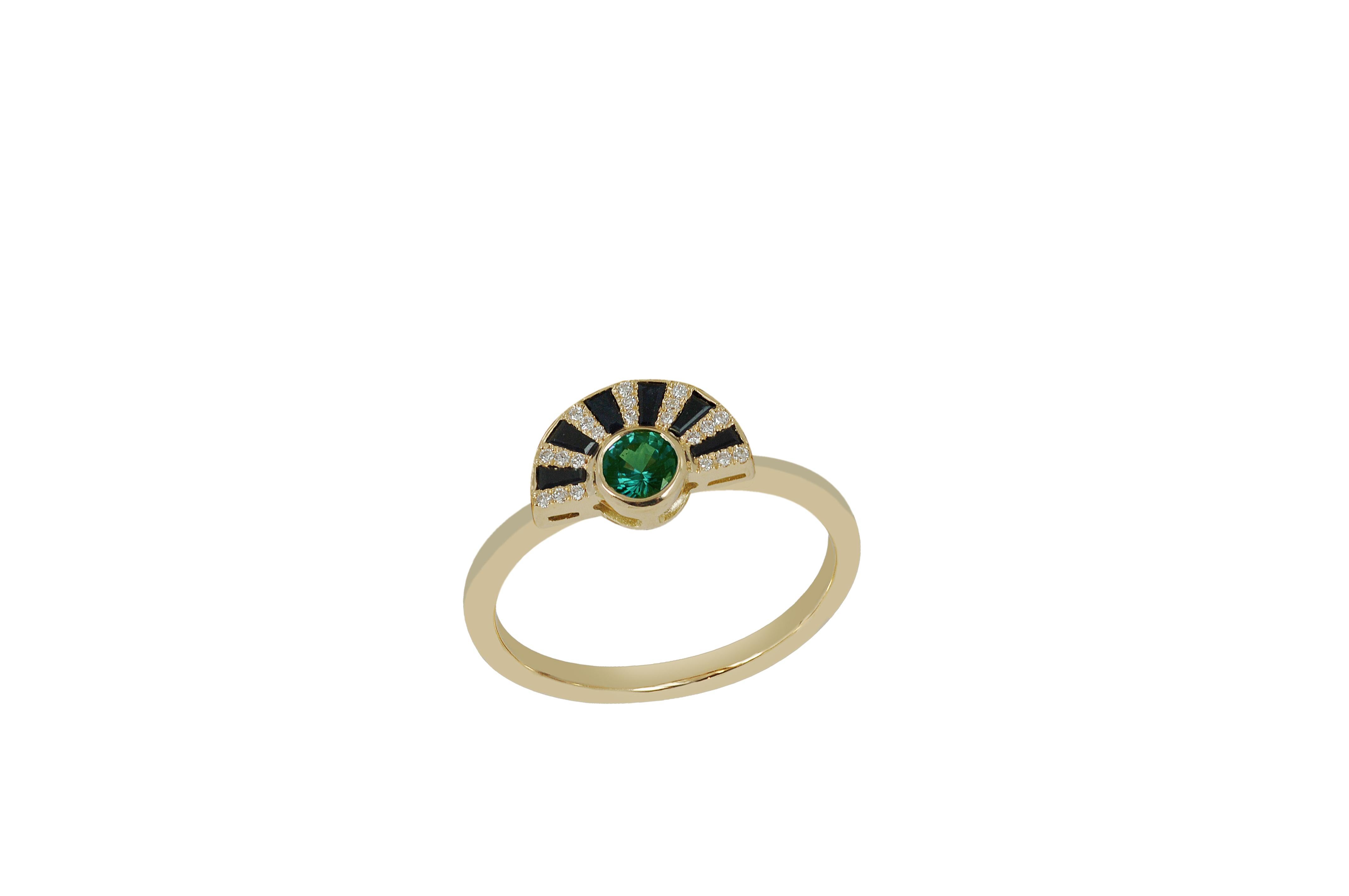 Twist Reflection Emerald, Black Diamond, Black Sapphire Ring in 18K Gold In New Condition For Sale In Bangkok, 10