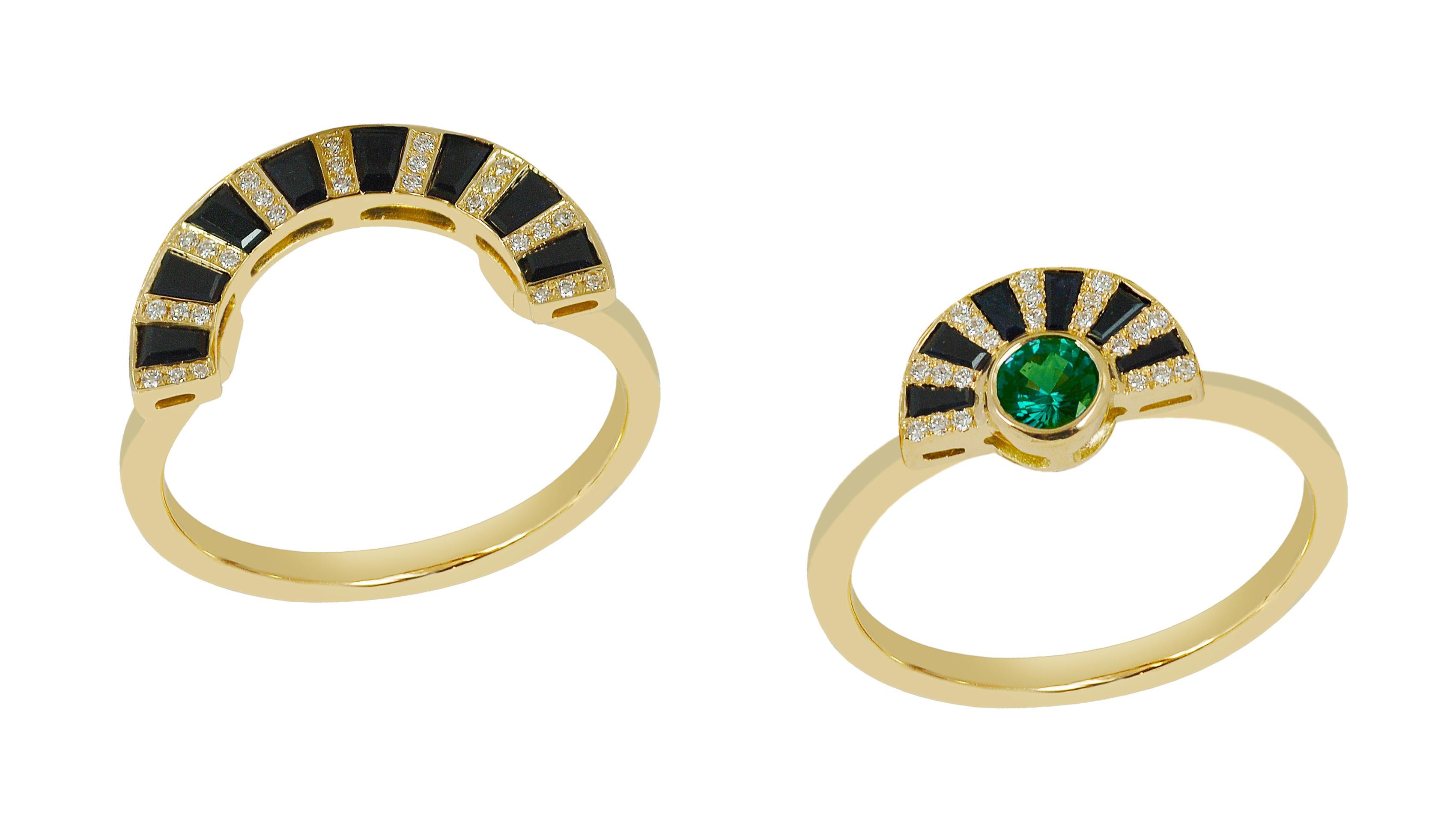 Women's Twist Reflection Emerald, Black Diamond, Black Sapphire Ring in 18K Gold For Sale